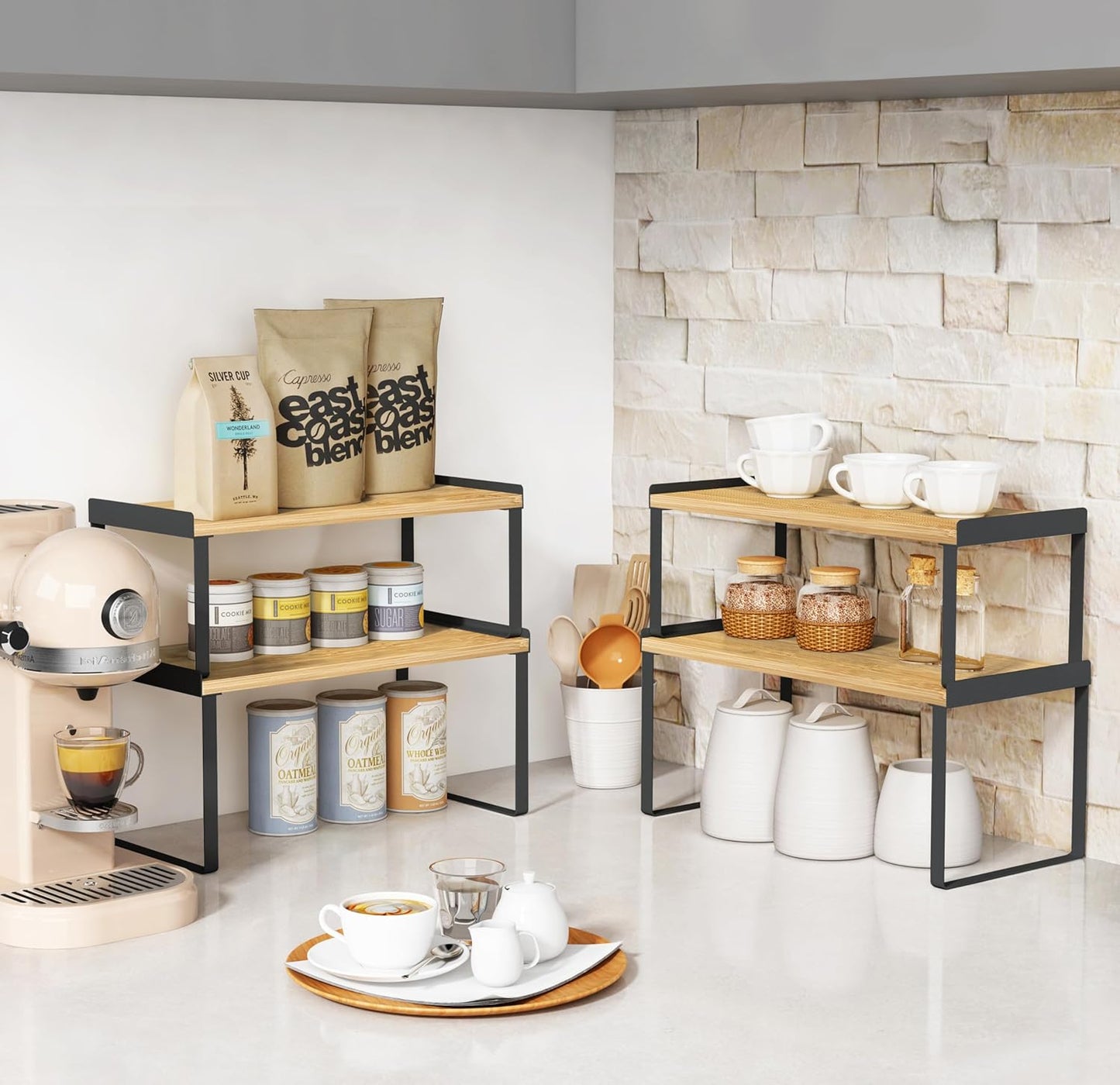 Kitchen Cabinet Organizer Shelf Set of 4, Stackable Pantry Cupboard Countertop Storage and Organizer, Desk Shelf Riser, Spice Plate Cup Expandable Storage Rack,(Black Bamboo) Large