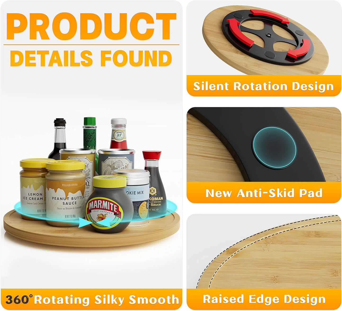 Lazy Susan Organizer Homerays 12 Inch Non-Skid Bamboo Lazy Susan for Kitchen Rotating Spice Rack for Kitchen Cabinet, Wood Turntable for Kitchen Countertop Organizer