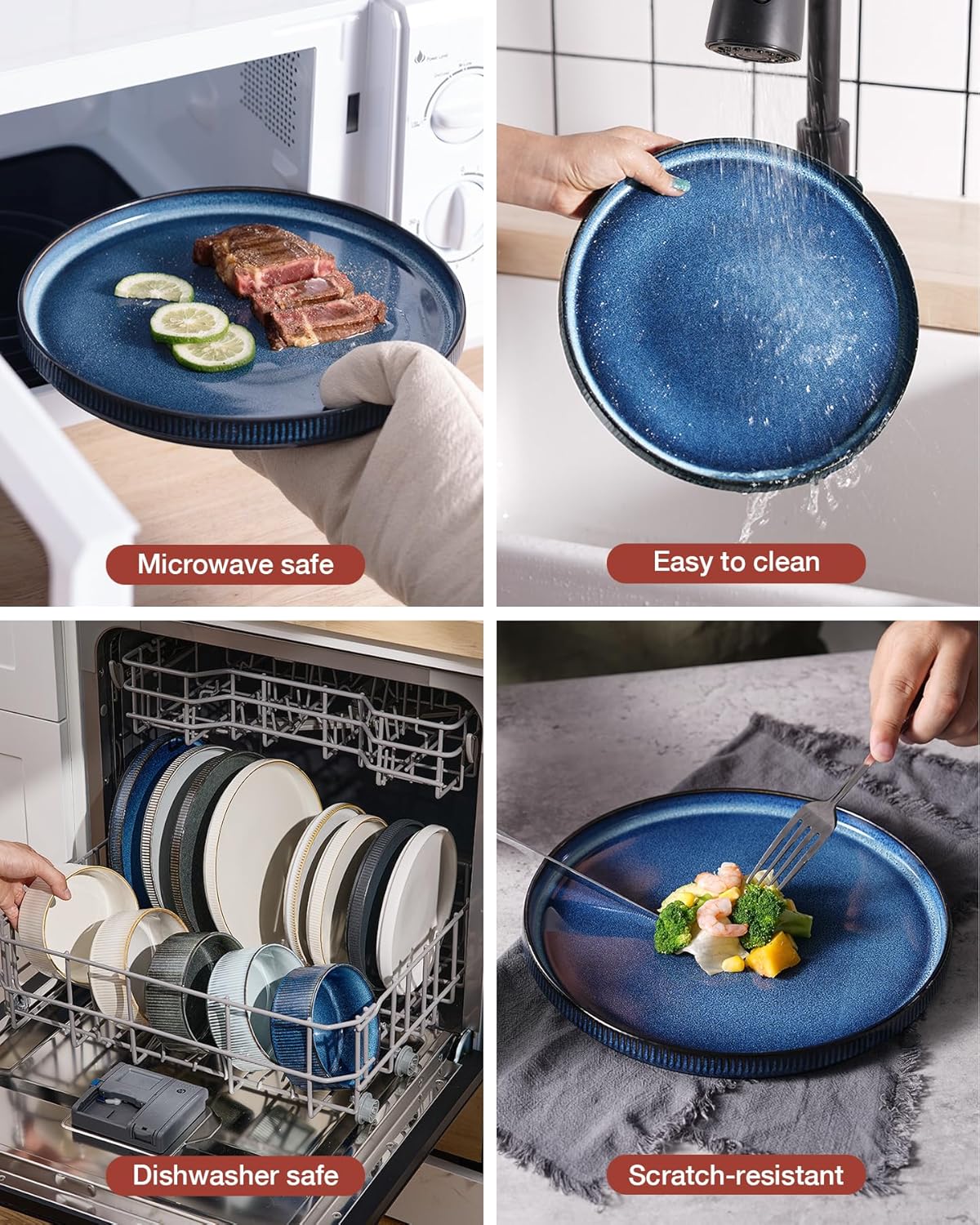 Famiware Star Dinnerware Set, Plates and Bowls Sets for 4 (12pcs), Ribbed Stoneware Dishes - Chip & Scratch Resistant, Microwave & Dishwasher Safe, Multicolor - Cappuccino White & Nebulas Blue