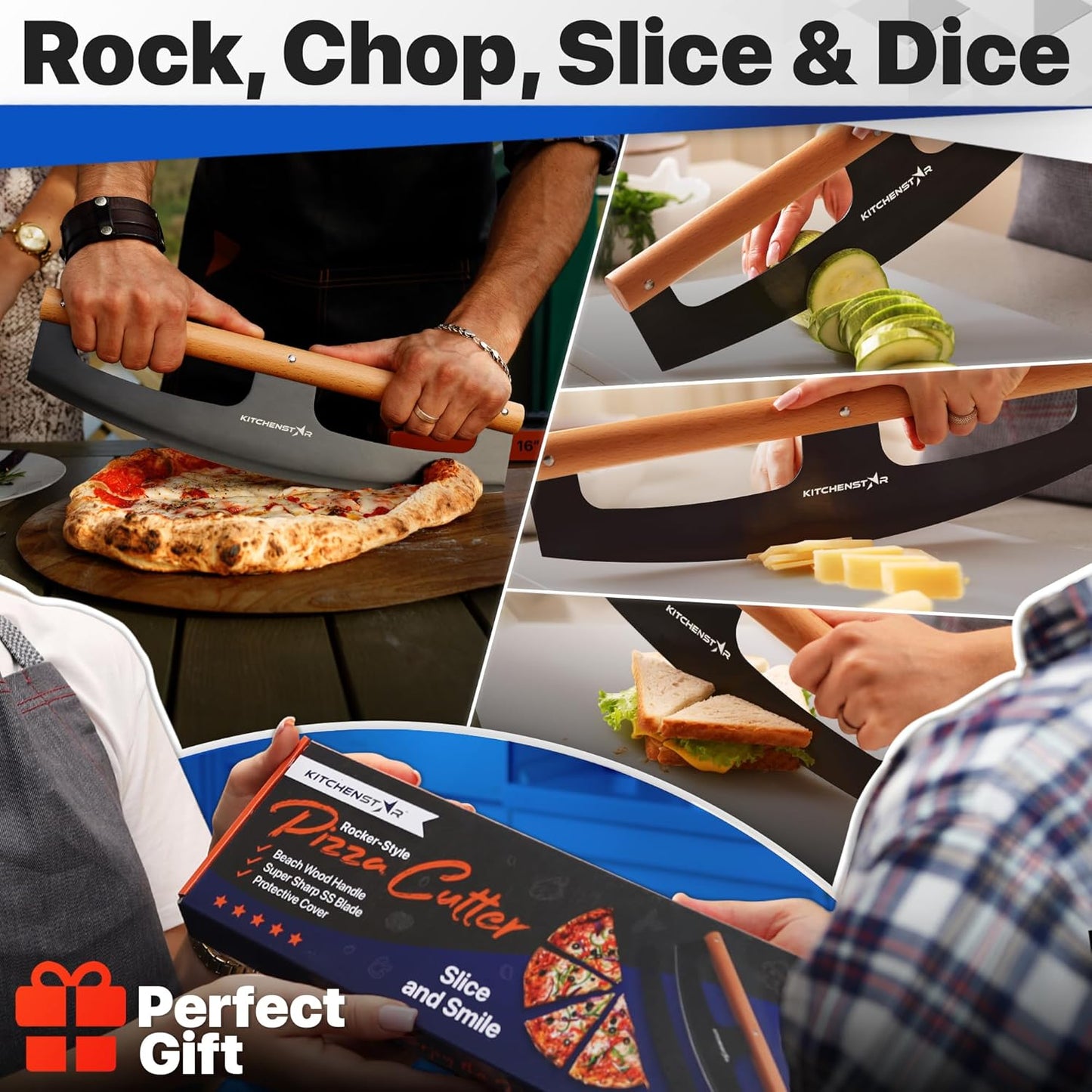KitchenStar 16-Inch Pizza Cutter Rocker Blade - Razor Sharp Stainless Steel Slicer Knife, Stylish Beech Wood Handle, Protective Cover - Professional Pizza Oven Accessories, Black