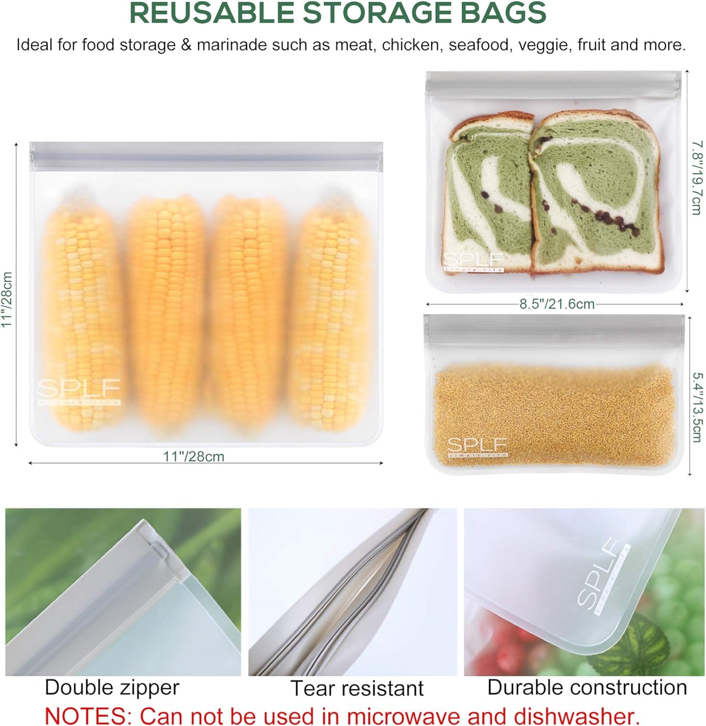 SPLF 18 Pack BPA FREE Reusable Storage Bags (6 Gallon Freezer Bags, 6 Sandwich Bags, 6 Snack Bags), Extra Thick Leakproof Silicone and Plastic Free Lunch Bag