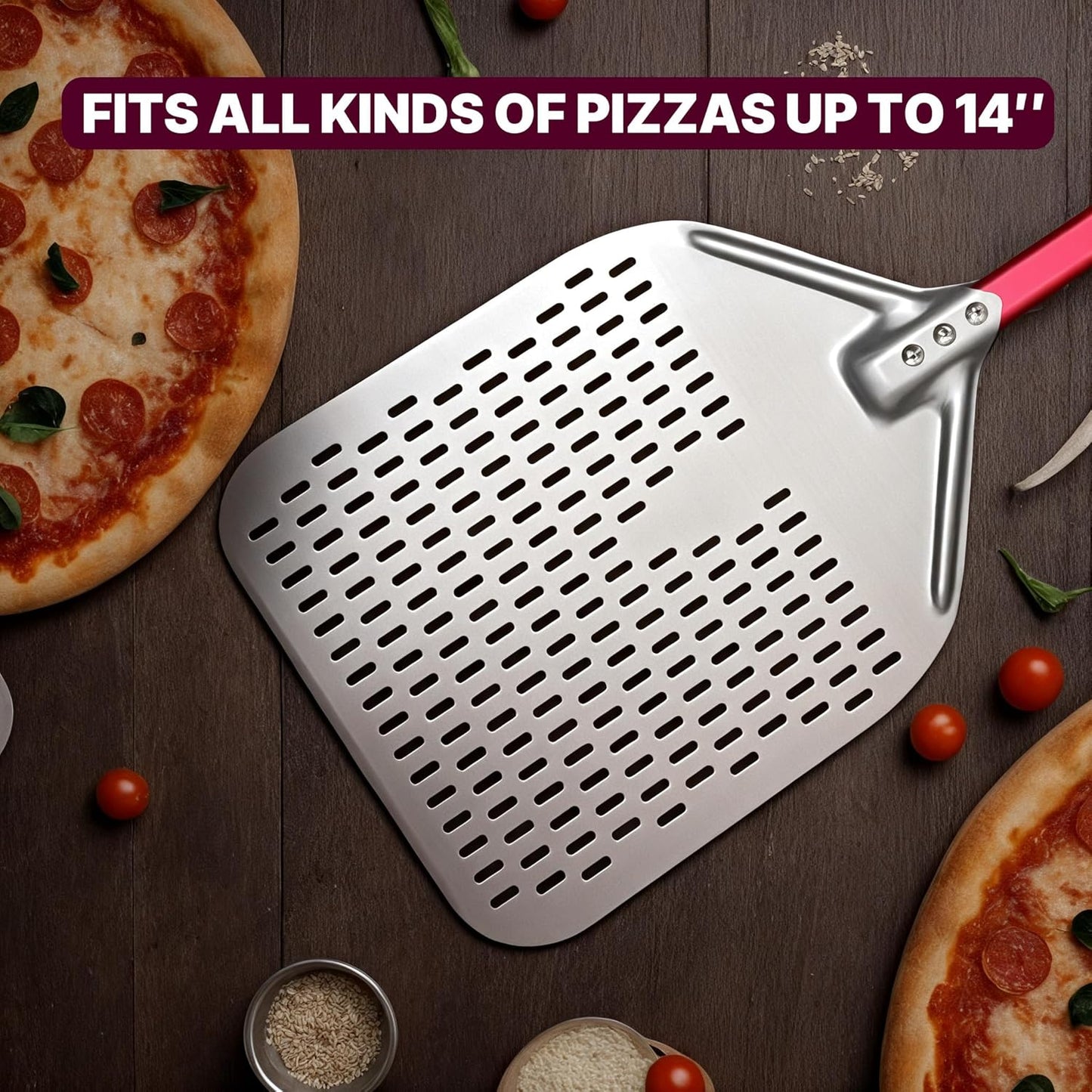 crosson 12”×16" Perforated Pizza Peel, Pizza Spatula Paddle, Lightweight Pizza Turning Peel with 16“ Long Handle, Pizza Oven Accessories, Pizza Tools, Rectangle Pizza Turner