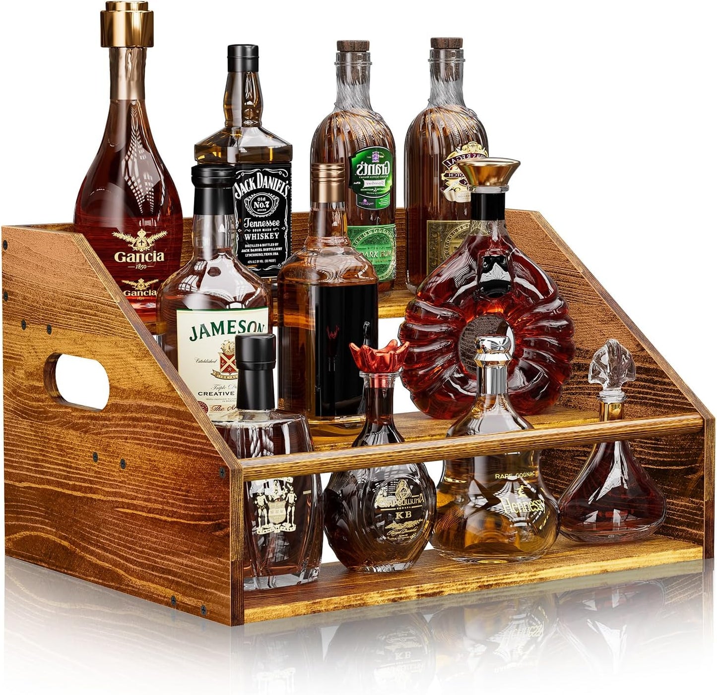 3 Tier Wood Liquor Bottle Display Shelf, Coffee Syrup Organizer Rack, Wine Racks Countertop, Bar Shelf for Vodka Tequila Whiskey, Liquor Cabinet for Home Decor, Mini Bar, Black Bar Organizer