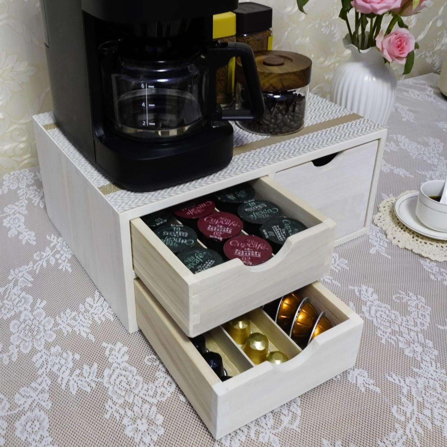 Kitchen Storage Organizer with 3 Drawers for Coffee Brew K Cup/Coffee Pod Holder - Office Organization Drawer for Desk, Multi-Purpose Mini Wood Cabinet Countertop Stand Shelf CF2D3C White