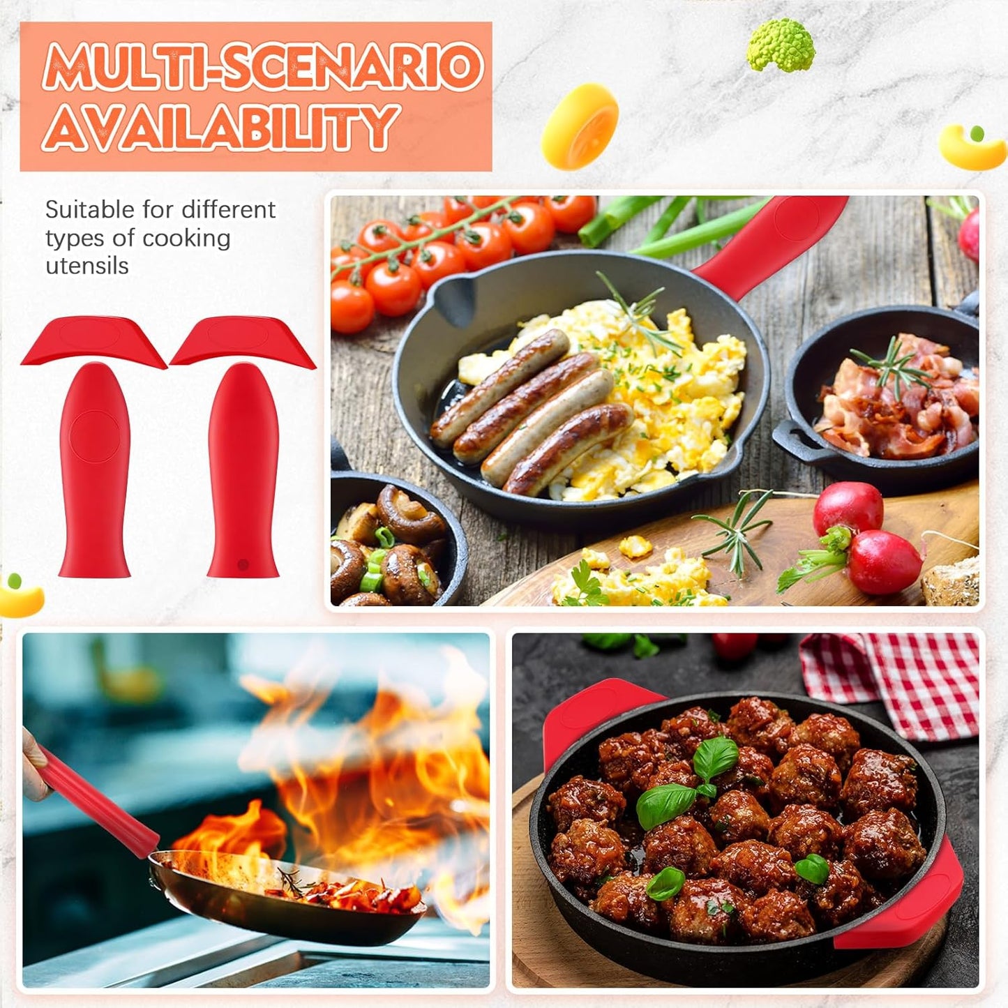 Domensi 4 Pcs Silicone Hot Handle Holder Set Cast Iron Skillet Handle Covers Heat Resistant Silicone Assist Handle Holder for Frying Pans Cast Iron Skillet Griddles Cookware(Red)