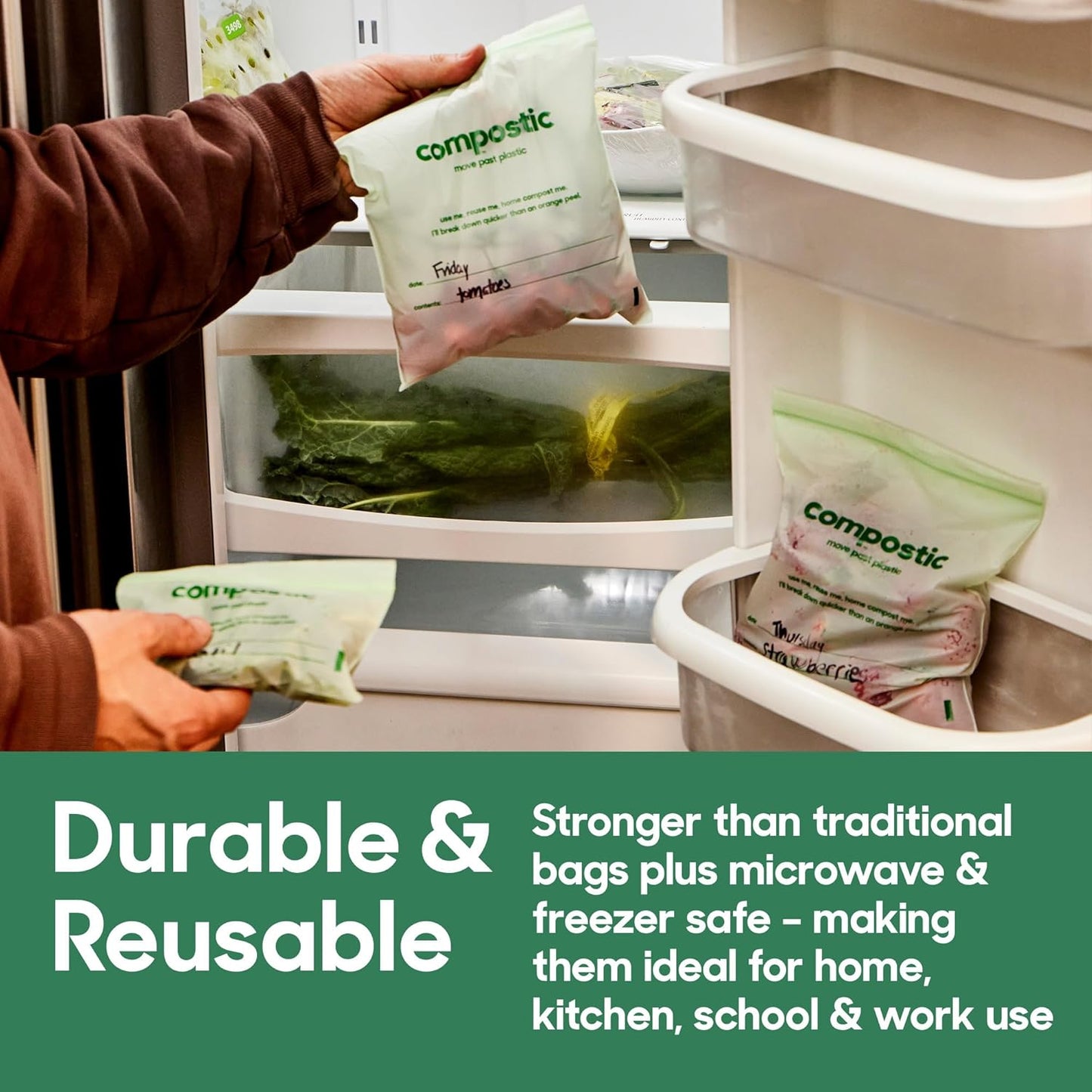 Compostic Home Compostable Resealable Snack Bags (6"x 3.5"), Microwave & Freezer Safe, Organic Food Storage Container, 100 Count