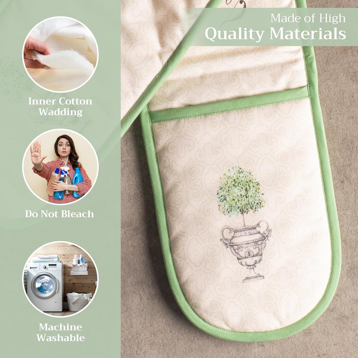 Maison d' Hermine Double Oven Mitts 100% Cotton 7"x35" Double Oven Mitt Heat Resistant BBQ Cooking Gloves with Loop, Baking, Grilling, Home, Kitchen, Handling Hot Pans Spring Summer (Jardin Du Roy)