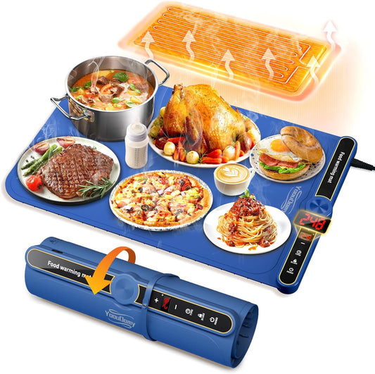 Electric Food Warming Tray - 8s Fast Heating, 9 Temp Levels & 6H Timer, Auto Shut-Off, Child Lock, Portable Silicone Warmer Mat for Buffet, Parties, Daily Use (22.8in x 14.9in, 330W)