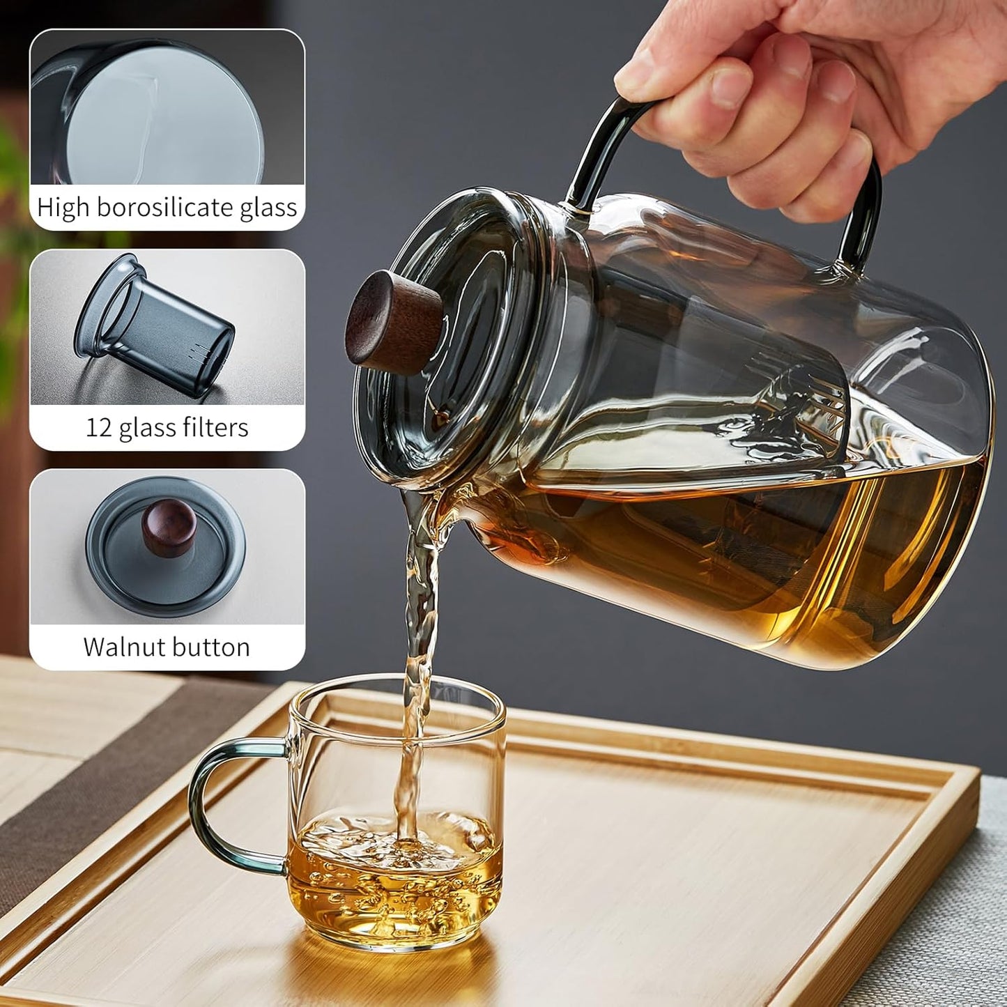 34OZ Glass Teapot with Infuser 1000ML, Borosilicate Glass Tea Pot with Detachable Glass Tea Kettle Tea Infuser, Loose Leaf, Blooming Tea