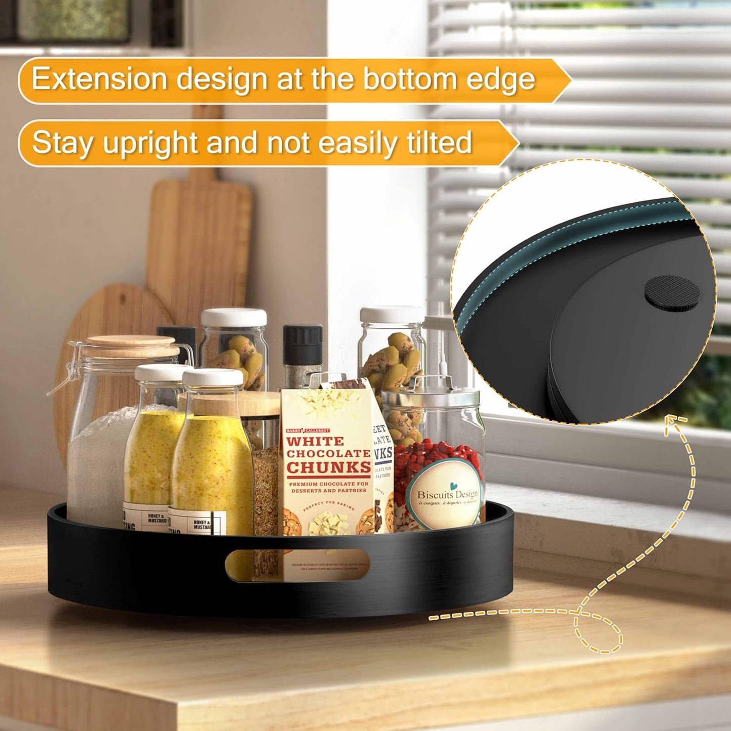 Lazy Susan Organizer Homerays 13 Inch Non-Skid Bamboo Lazy Susan for Kitchen Rotating Spice Rack with Handles, Wood Turntable for Kitchen Cabinet,Countertop (Black, Large)