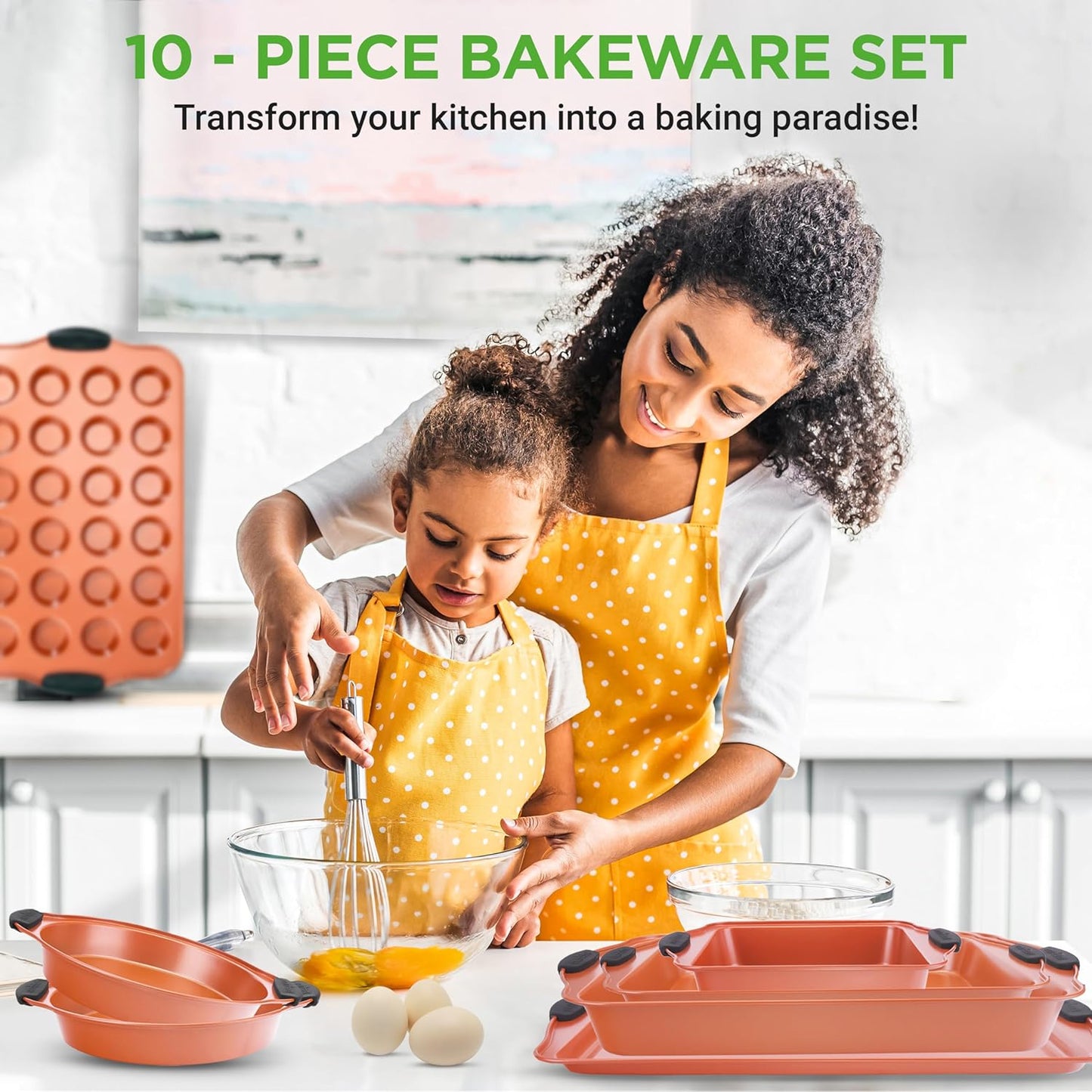 NutriChef 10-Piece Nonstick Baking Pan Set – Durable Carbon Steel Bakeware with Silicone Handles – Bakeware set Includes Cookie Sheet, Muffin, Cake, Pizza & Roasting Pans – Even Heating, Easy Cleanup