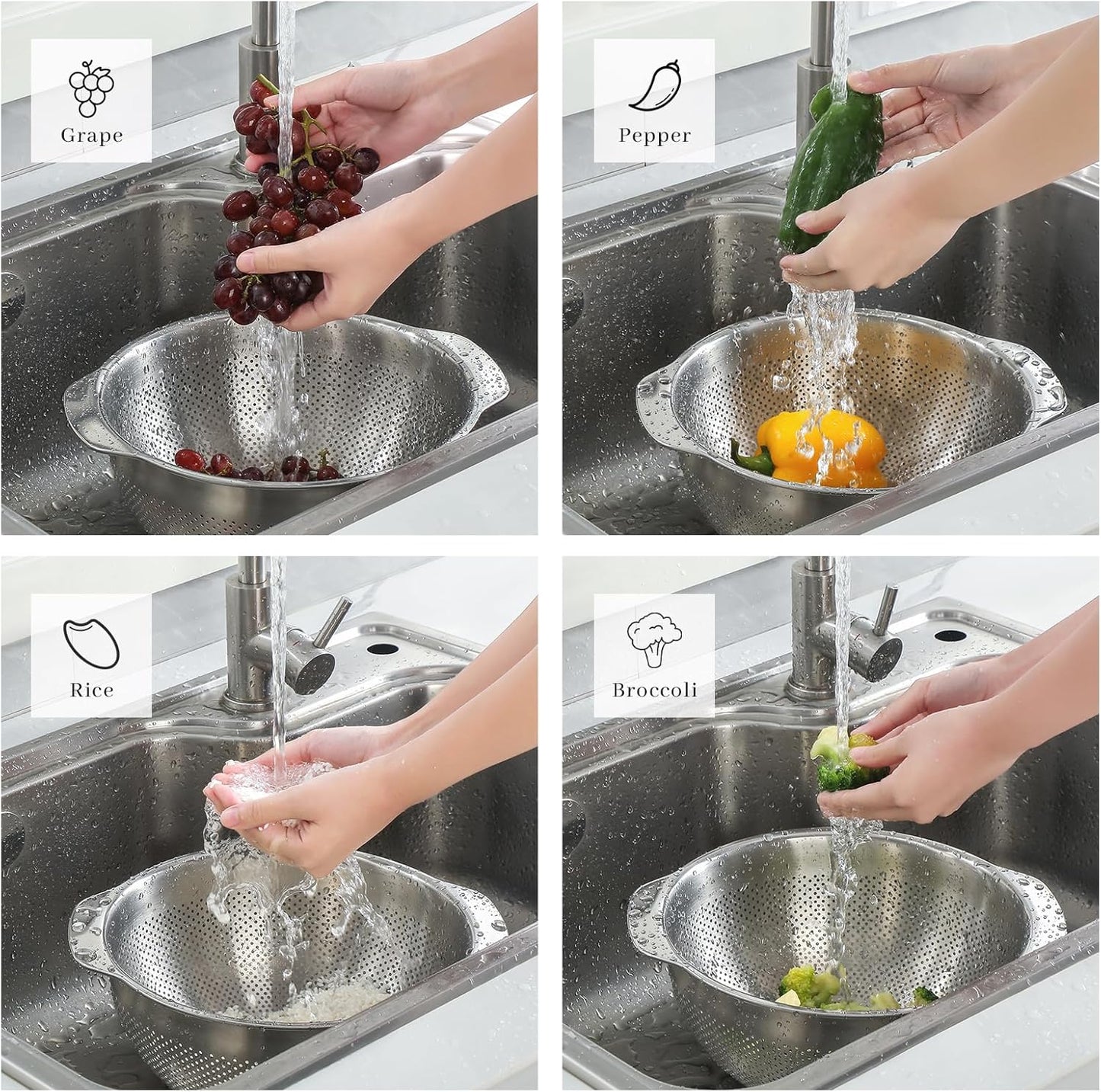 18/8 Stainless Steel Microwell Colander, 3.5QT Large Capacity with Handle Kitchen Food Strainer Basket for Washing Vegetables, Fruits, Rice, and Pasta (primary colour, 3.5QT)