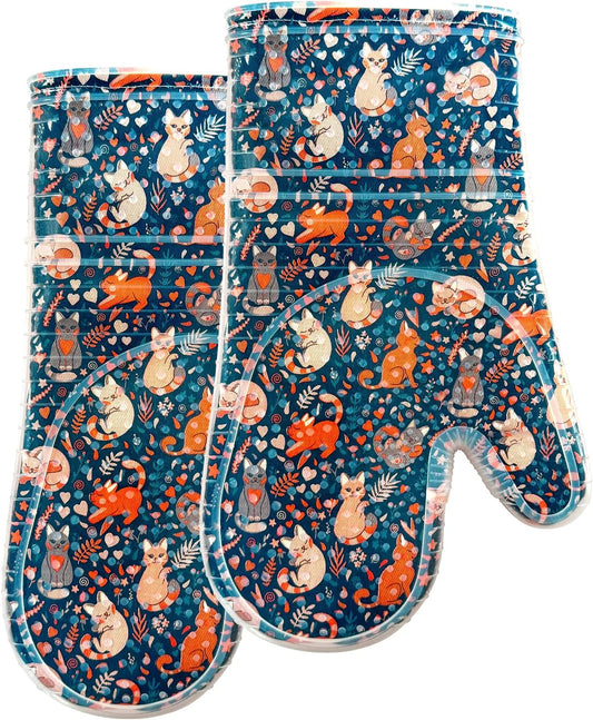 Oven Mitts Set of 2 with Transparent Clear Silicone Shell and Nice Dog Printing Cotton Lining, Heat Resistant to 500 F Kitchen Oven Gloves Pot Holder for Cooking (Navy, Cat, Oven Mitts)