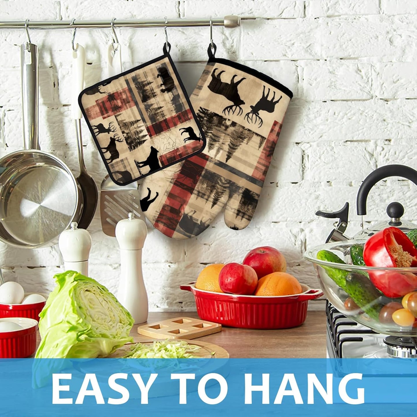 Deer and Bear Oven Mitts and Pot Holders Sets Heat Resistant 4Pcs Wild Animal Potholders Oven Gloves Hot Pads for Kitchen Baking Cooking Grilling BBQ