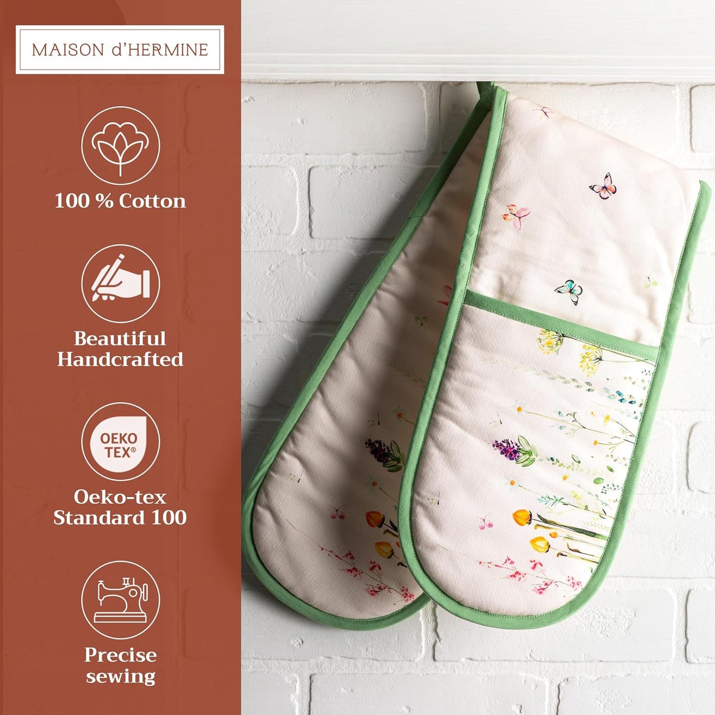 Maison d' Hermine Double Oven Mitts 100% Cotton 7"x35" Double Oven Mitt Heat Resistant BBQ Cooking Gloves with Loop, Baking, Grilling, Home, Kitchen, Handling Hot Pans Spring Summer (Botanical Fresh)