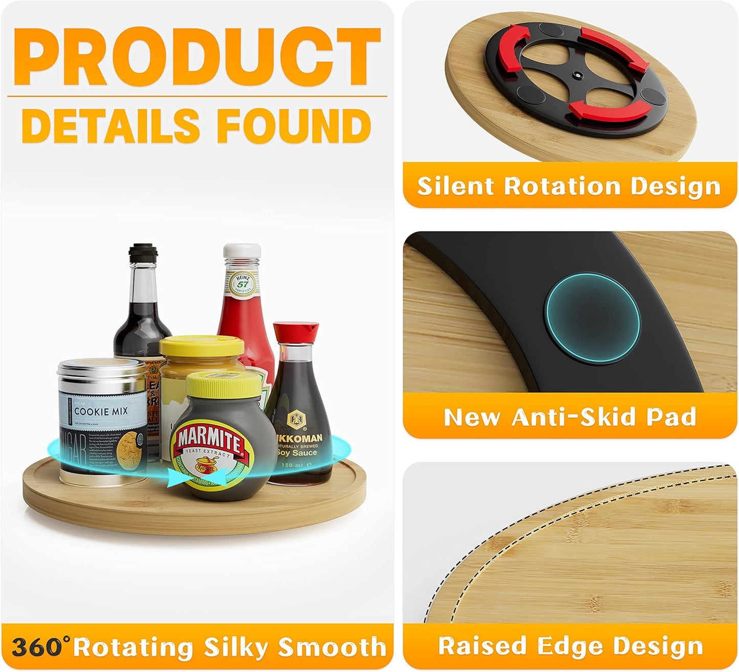 Lazy Susan Organizer Homerays 10 Inch Non-Skid Bamboo Lazy Susan for Kitchen Rotating Spice Rack for Kitchen Cabinet, Wood Turntable for Kitchen Countertop Organizer