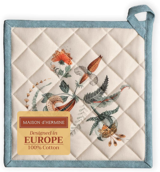 Maison d' Hermine Pot Holders 100% Cotton Heat Resistant Potholders 8" x 8" Hot Pads with Loop BBQ, Cooking, Baking, Grilling, Kitchen, Handling Hot Pans (Pack of 1, Dalida)
