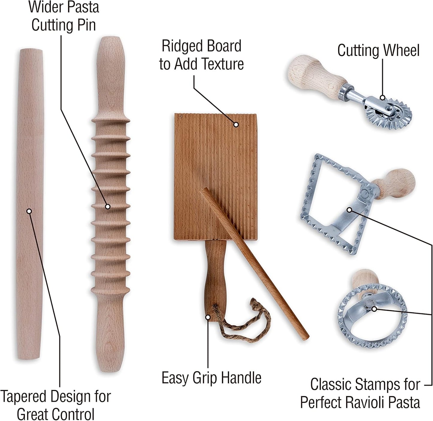 Complete 6 Pcs Pasta Making Tool Set Includes Two Ravioli Stamp Maker Cutter And Roller Wheel Set, Two Pasta Rolling Pins, Gnocchi Board By Cotswold Homeware Co