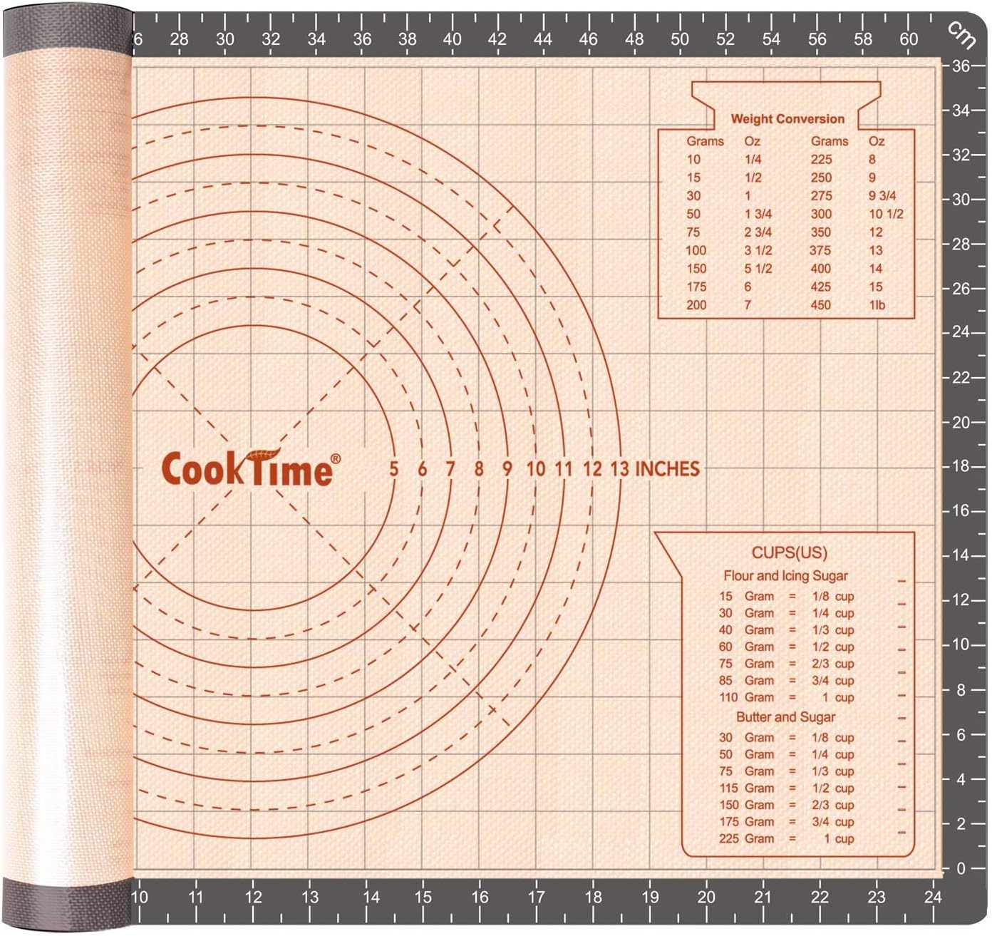 Silicone Pastry Baking Mat Non Stick-Large Rolling Dough with Measurements-Non Slip Pizza,Fondant,Pie,Cake Baking Mat - 26 x 16 Inch By Cook Time