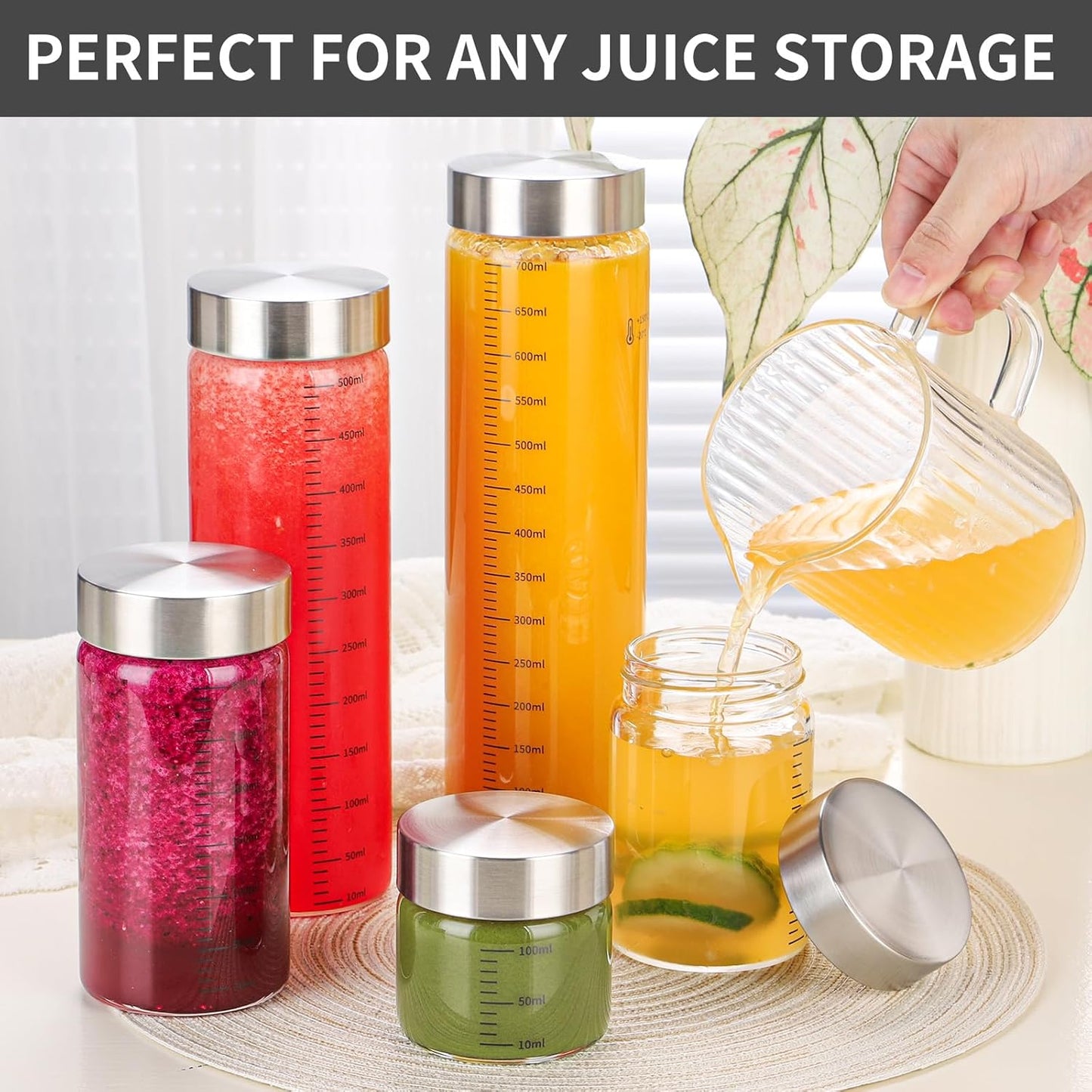 11 Oz Glass Juice Bottles with Lids, 4 Pack Glass Bottles, BPA Free, Borosilicate Glass, Leak Proof Lids for Juicing, Smoothies, Infused Water, Beverage Storage, Shaker Bottles