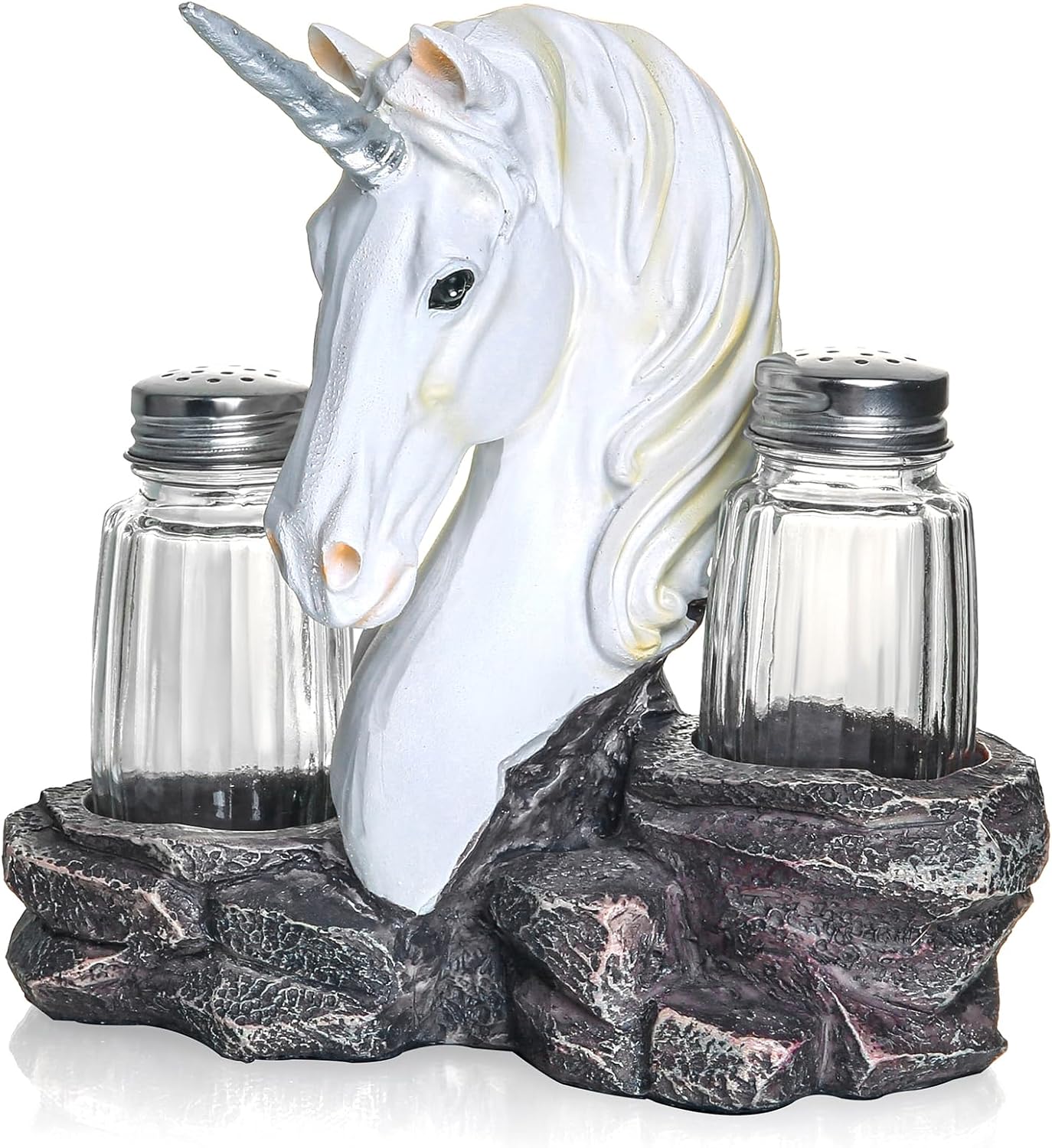 Rustic Salt And Pepper Shakers Set - Salt And Pepper Dispenser with Resin Unicorn Figurine And Statues Holder - Glass Spice Jars for Farmhouse Kitchen DéCor