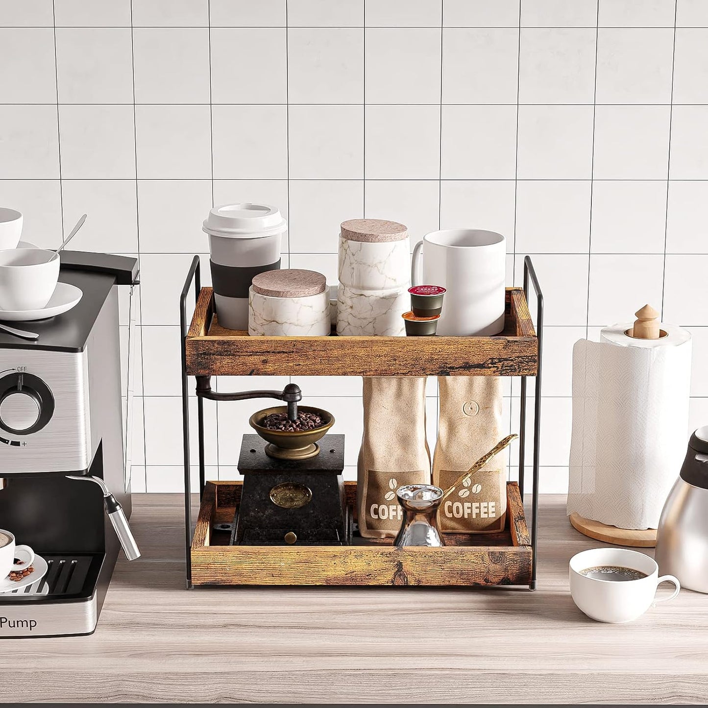 2-Tier Bathroom Counter Organizer, Wood Kitchen Countertop Spice Rack, Vanity Cosmetic Makeup Organizers Shelf for Bathroom Storage Organization, Rustic Brown