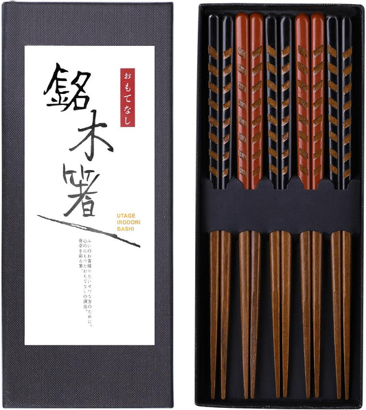 Antner 5 Pairs Reusable Wooden Chopsticks Natural Hardwood Japanese Style Wood Chop Sticks Hand-Carved Non-Slip Design, 9 Inch (23cm), Gift Set in 2 Red & 3 Black