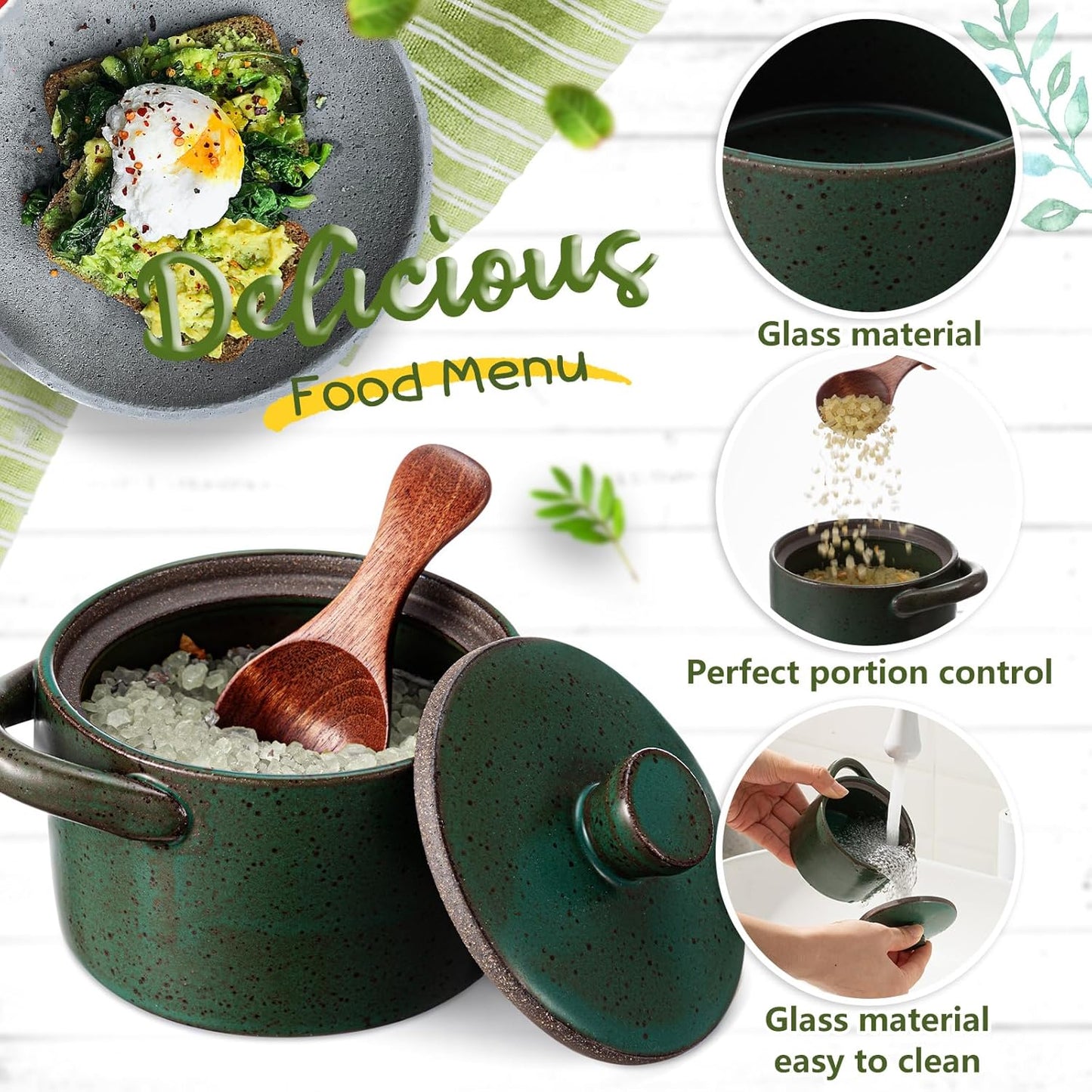 Honeydak Speckled Ceramic Salt Cellar with Lid and Wooden Spoon, Rustic Farmhouse Salt Pepper Cellar Holder for Housewarming Gift, Heavyweight Spices Jar for Kosher, Sea, Sugar (Dark Blue)