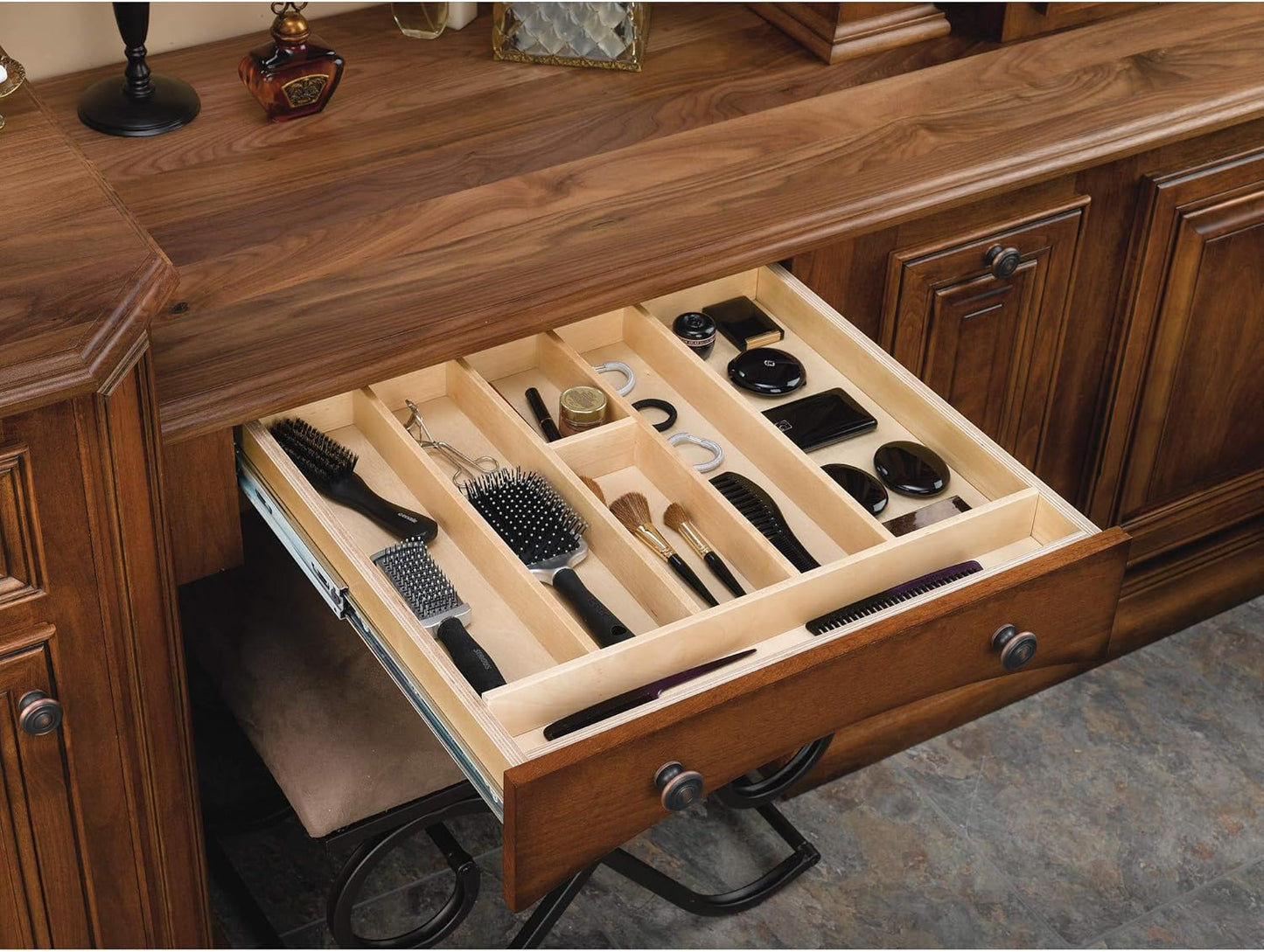 Rev-A-Shelf Trim-to-Fit Shallow Drawer Organizer for Kitchen Utensils, Cutlery Cabinet Storage Divider Insert, 23.98 x 21.97 in, Maple Wood, 4WUT-3SH