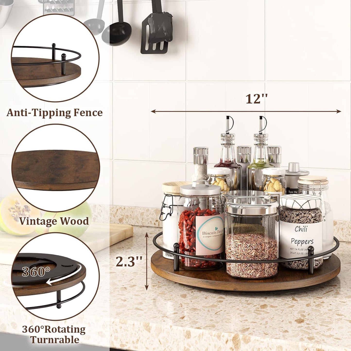 12" Lazy Susan Turntable Organizer,Round Wooden Lazy Susan Organization and Rotating Spice Rack for Dining Table,Pantry,Kitchen Countertop,Vanity,Cupboard and More.Vintage Wood(Round)