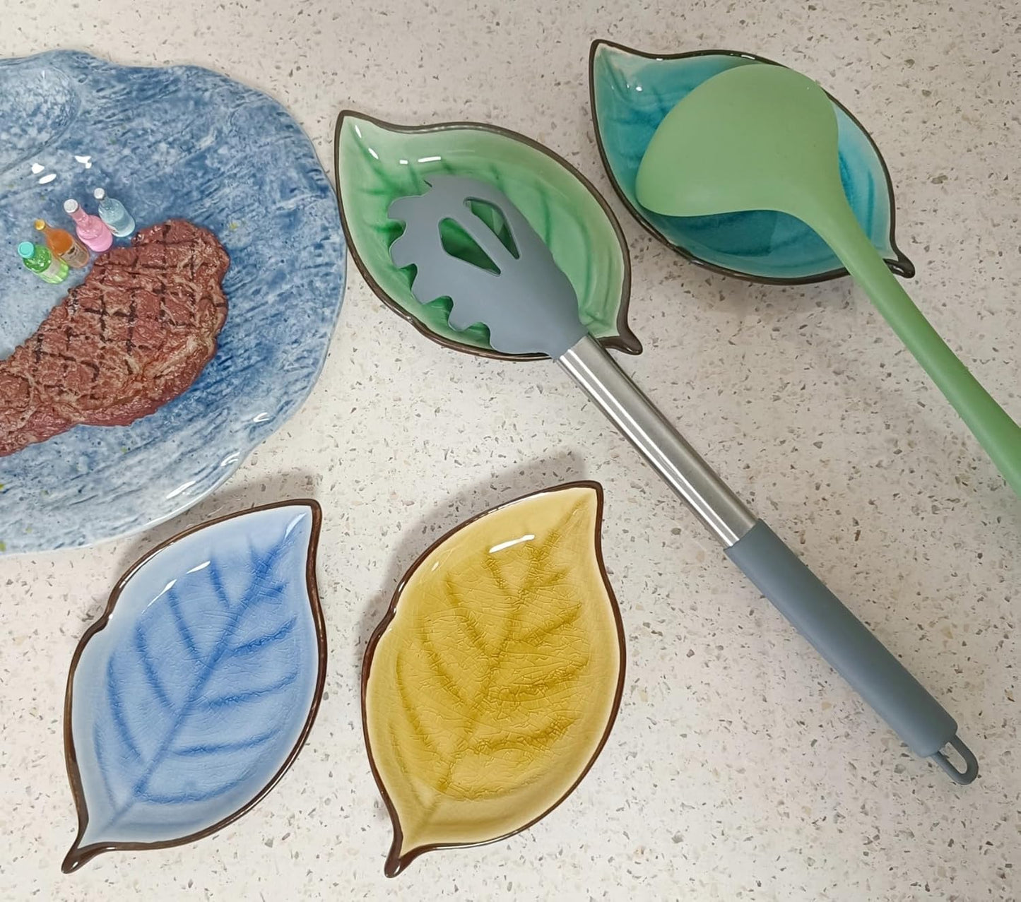 Ceramic Spoon Rest for Stove Top, Ice Cracks Leaf Cute Spoon Rest for Kitchen Counter, Cooking Spoon Holder for Kitchen Counter, Utensil Rest Spatula Rest Ladle Holder Tong Rest, 1 PC (A, Fall yellow)