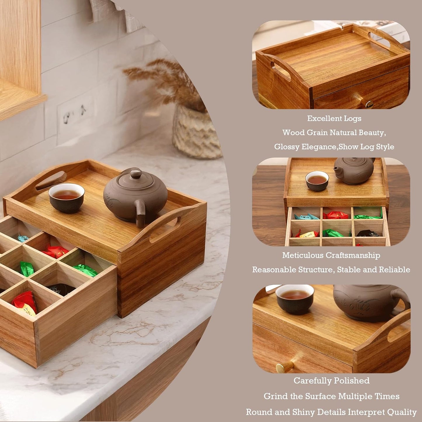 Tea Bag Holder Organizer, Tea Storage Organizer, Acacia Wood Drawer Interior 9 Grids & Teapots and Cups Can Be Placed on Top 10.4"X8.3"X5.4" Storage Box for Kitchen Countertop Organizer