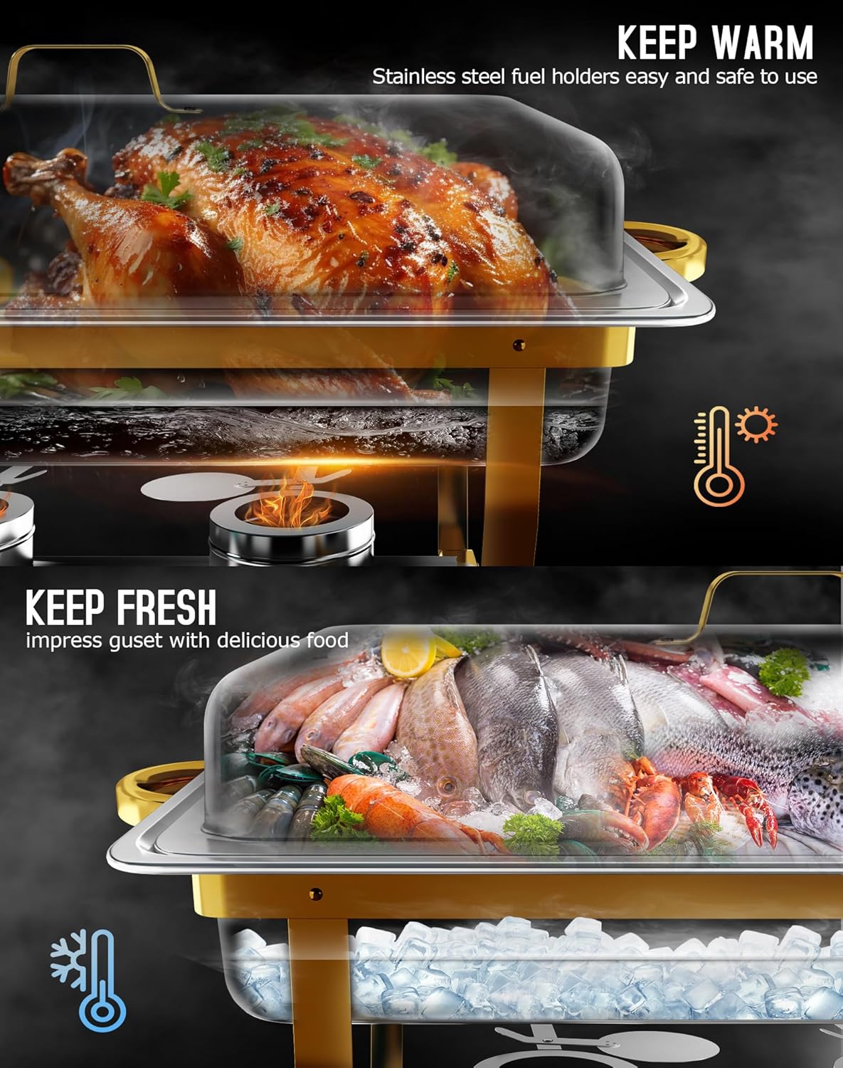 Chafing Dishes for Buffet 4 Pack, [Elegant Gold and Silver] Stainless Steel Chafing Dish Buffet Set, 9QT No-Finger Cut Roll Edge Chafers and Buffet Warmers Sets for Party (Gold Full Panx4)