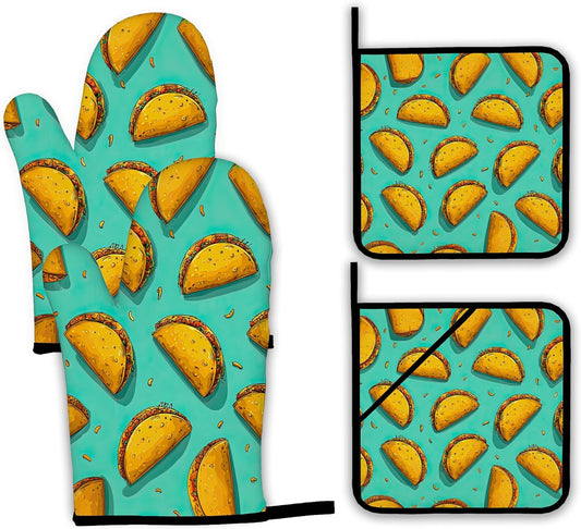 Mexican Taco Oven Mitts and Pot Holders Set,Kitchen Oven Gloves and Pot Holder with Heat Resistant Non Slip for Cooking Baking Grilling(4 Piece Set)