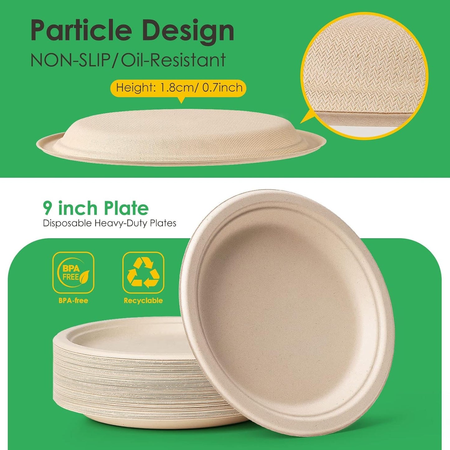 Gezond 150pcs Compostable Paper Plates 9 Inch Disposable Plates Unbleached Heavy Duty Eco-friendly Sugarcane Fiber Biodegradable Plate for Party Picnic