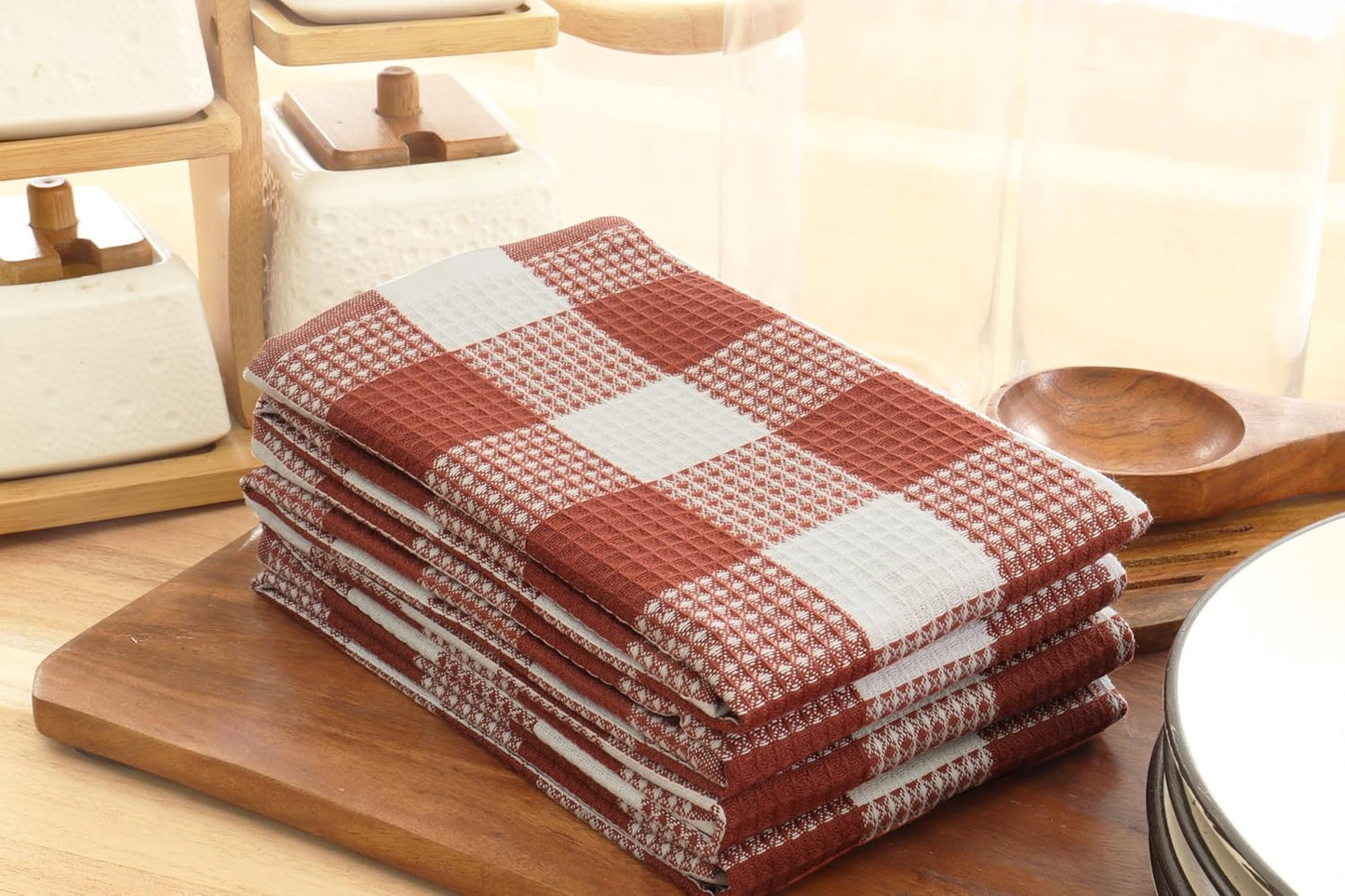 PurpleEssences Rust 100% Cotton Waffle Weave Check Plaid Kitchen Towels, Super Soft and Absorbent Dish Towels for Drying Dishes 15 x 25-4 Pack - Spring Summer - Rust and White