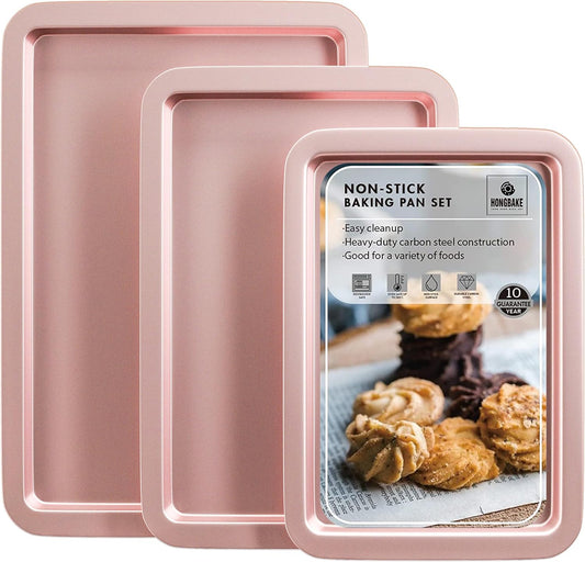 HONGBAKE Baking Sheet Pan Set, Cookie Sheet for Oven, Nonstick Bakeware Sets with Wider Grips, 3 Pack Half/Jelly Roll/Quarter Baking Tray, Premium, Dishwasher Safe-Pink