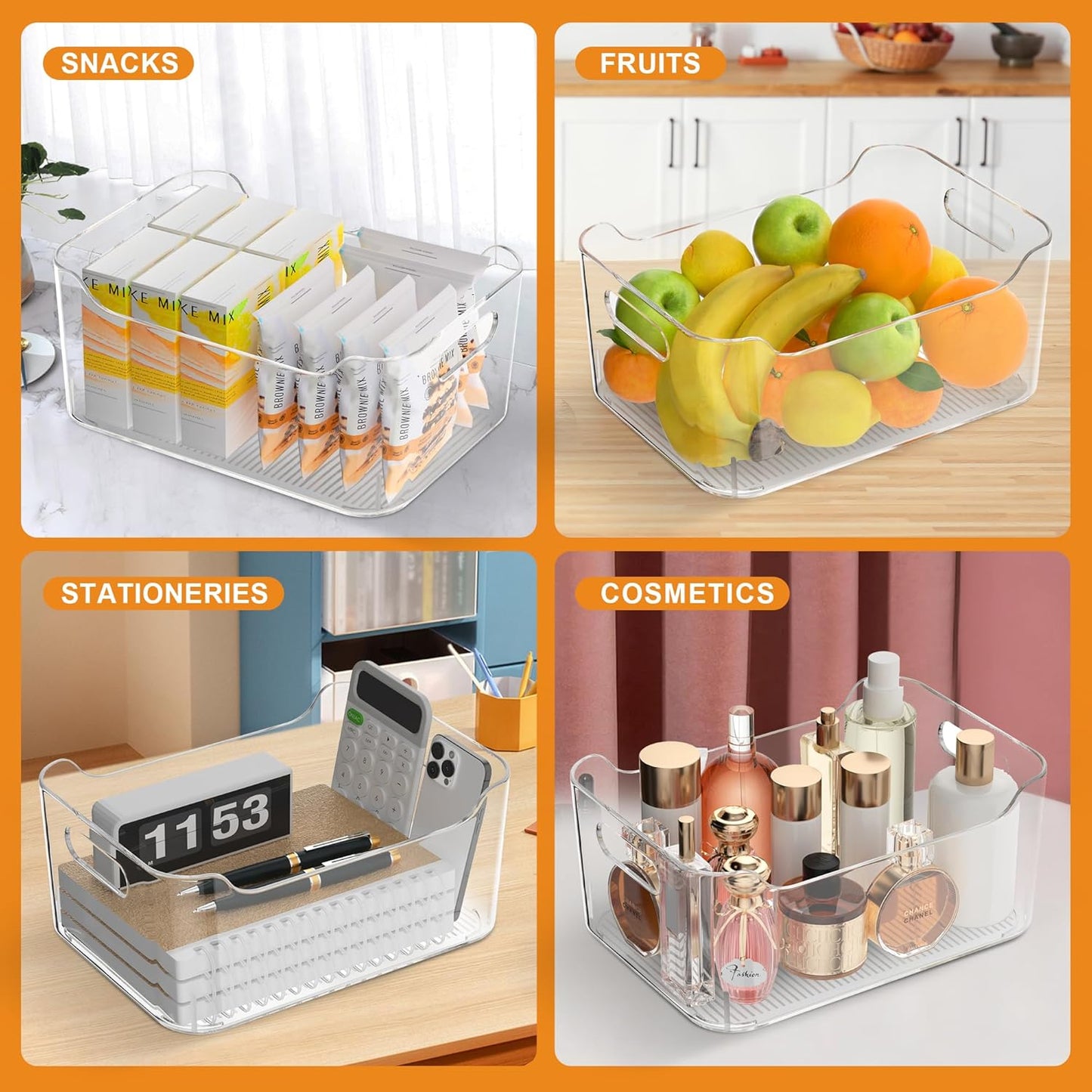 Clear Plastic Storage Bins-Pantry Organizers & Storage Containers-Refrigerator Organizer Bins with Handle - Home Organization Must Haves for Kitchen(Clear 6 Pack-Large)