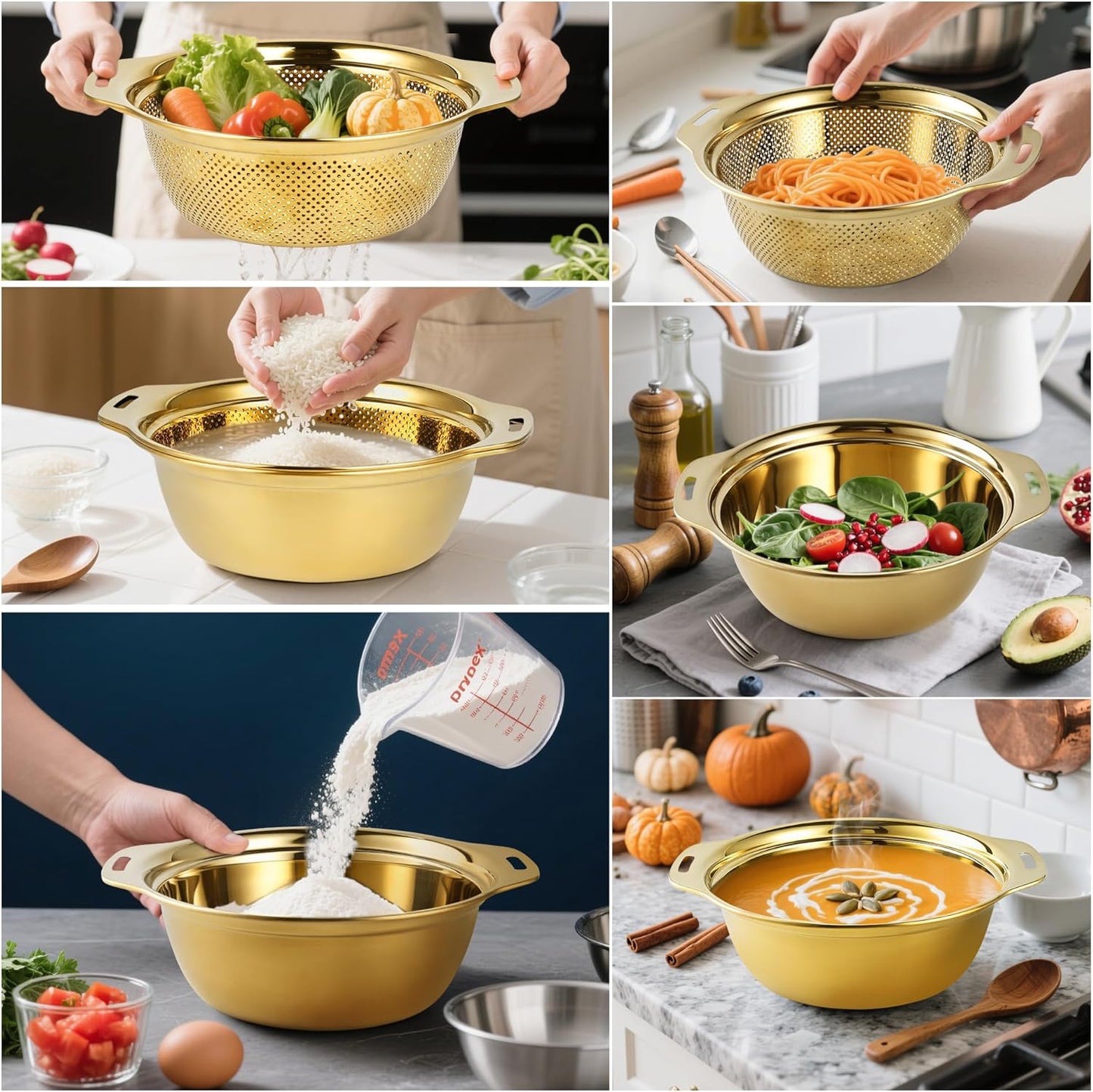 Colander 304 Stainless Steel 5-quart with Mixing Bowls, Strainer for Kitchen Food For washing vegetables, fruit, rice, Dishwasher Safe. (Gold 2PC)