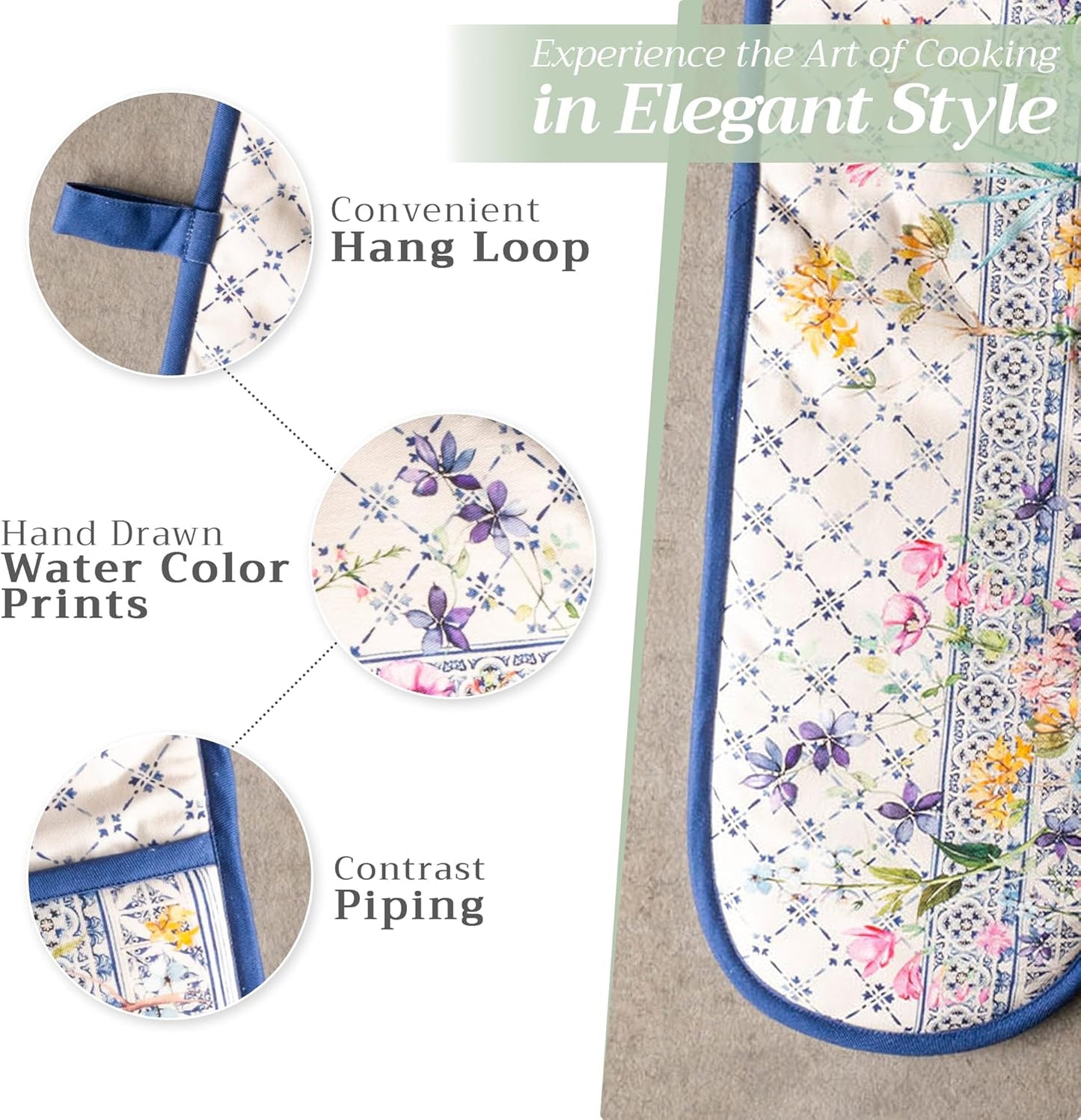 Maison d' Hermine Double Oven Mitts 100% Cotton 7"x35" Double Oven Mitt Heat Resistant BBQ Cooking Gloves with Loop, Baking, Grilling, Home, Kitchen, Handling Hot Pans Spring Summer (Faience)