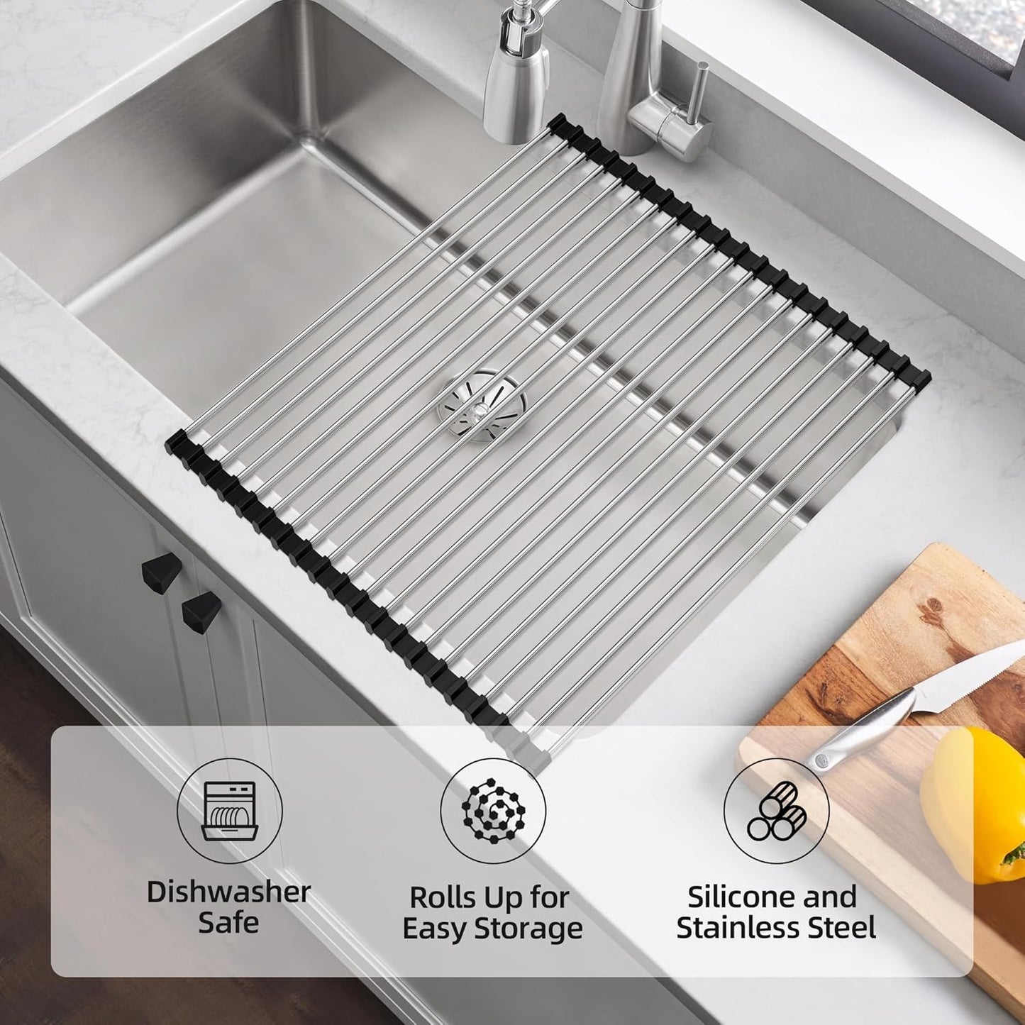 NEZUIBAN Dish Drying Rack with Roll Up and Over Sink for Kitchen,17.5"x11.8",Black