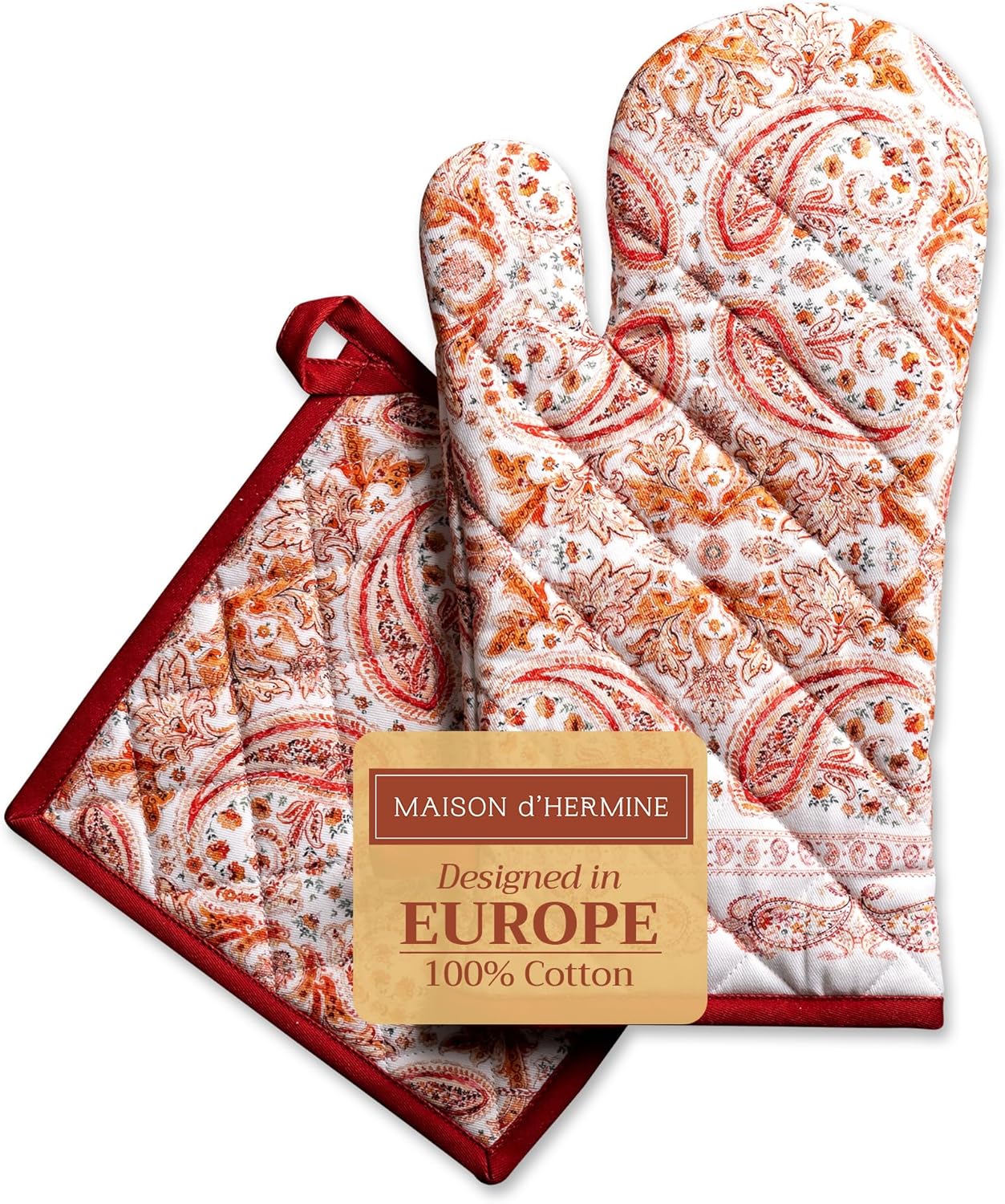 Maison d' Hermine 100% Cotton Oven Mitt & Pot Holder Set (7.5"x13" & 8"x8") Heat Resistant BBQ Cooking Gloves with Loop, Baking, Grilling, Kitchen, Handling Hot Pans (Orient)