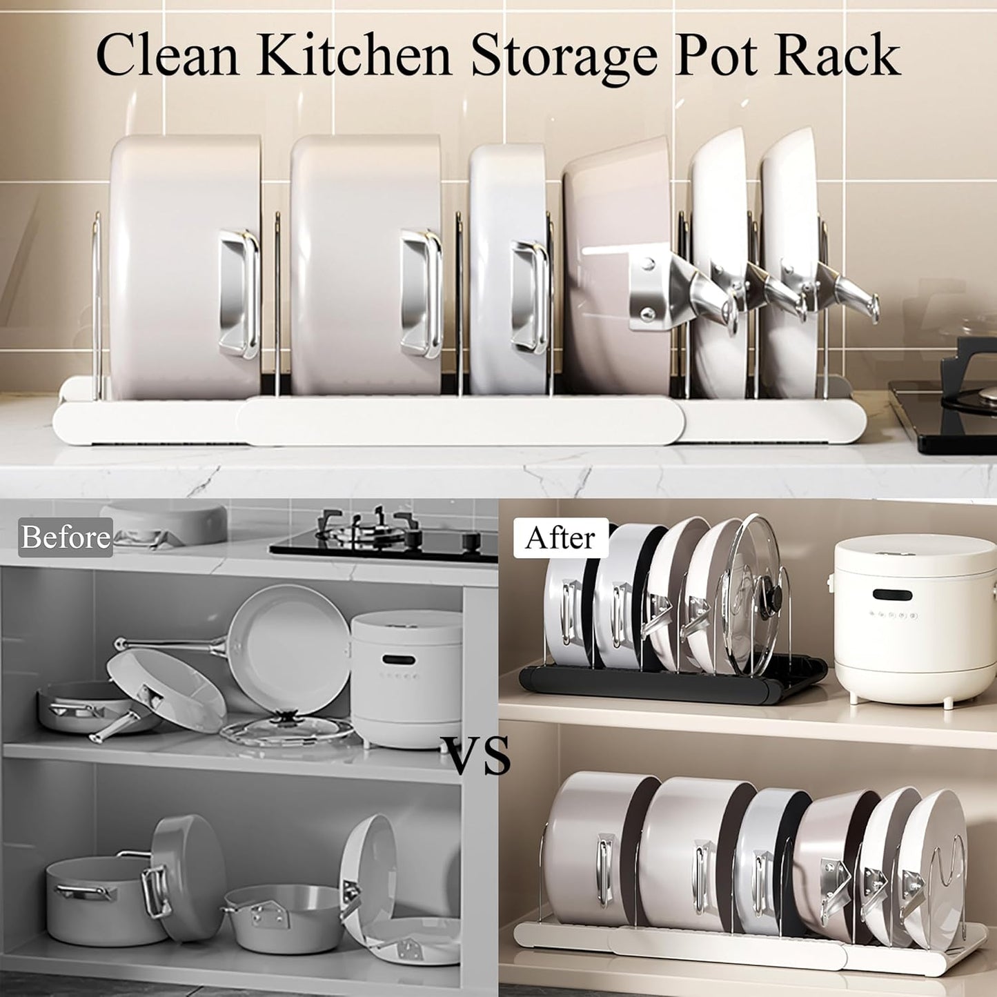 Pot Rack : Pots and Pans Organizer Under Cabinet 7 Adjustable Compartment Expandable Pot Lid Holder for Kitchen Cookware, Bakeware, Lid, Dishes, Cutting Boards,Apricot