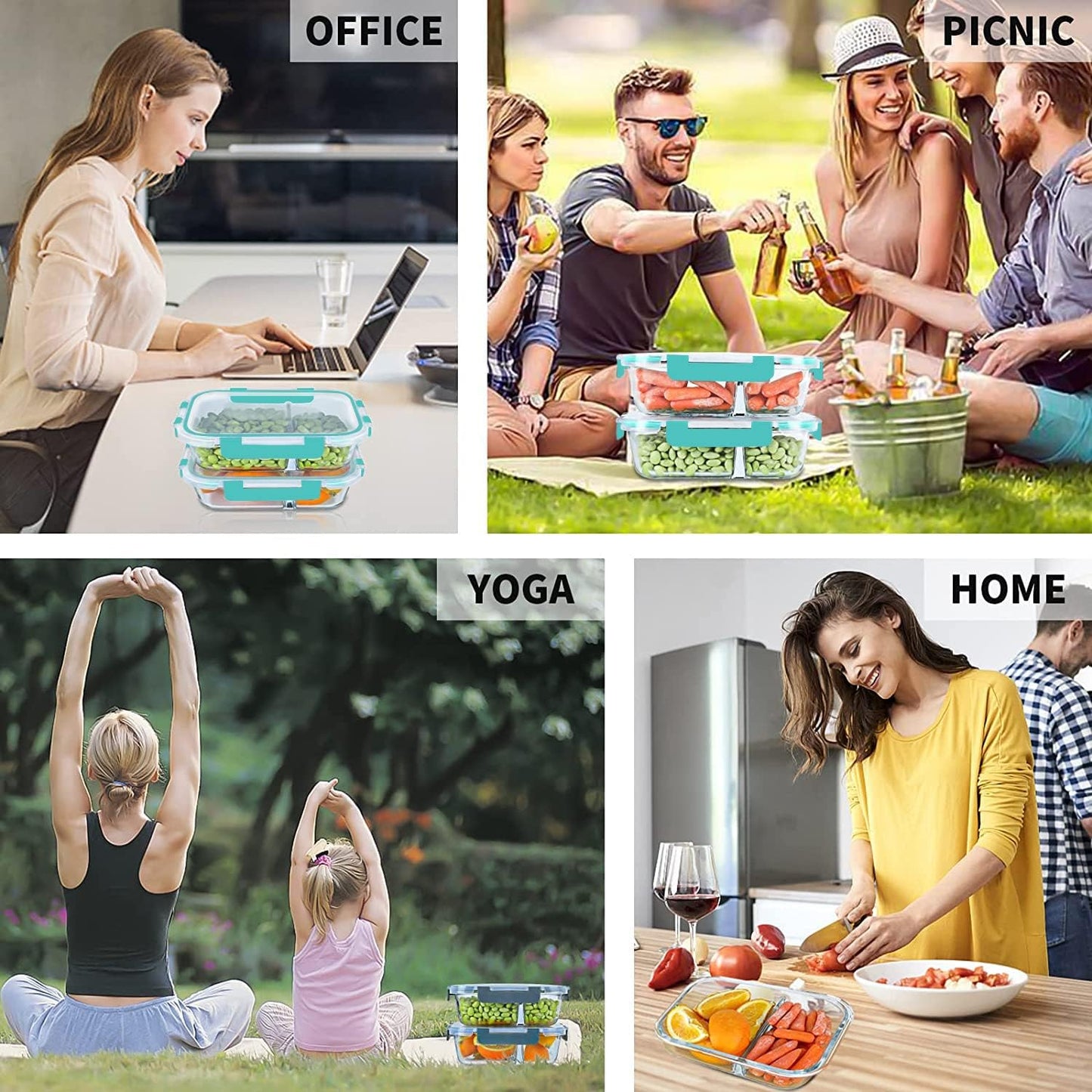 KOMUEE 10 Packs 30oz Glass Meal Prep Containers 2 Compartments,Glass Food Storage Containers with Lids,Airtight Glass Lunch Bento Boxes,Oven,Freezer and Dishwasher Safe, Green