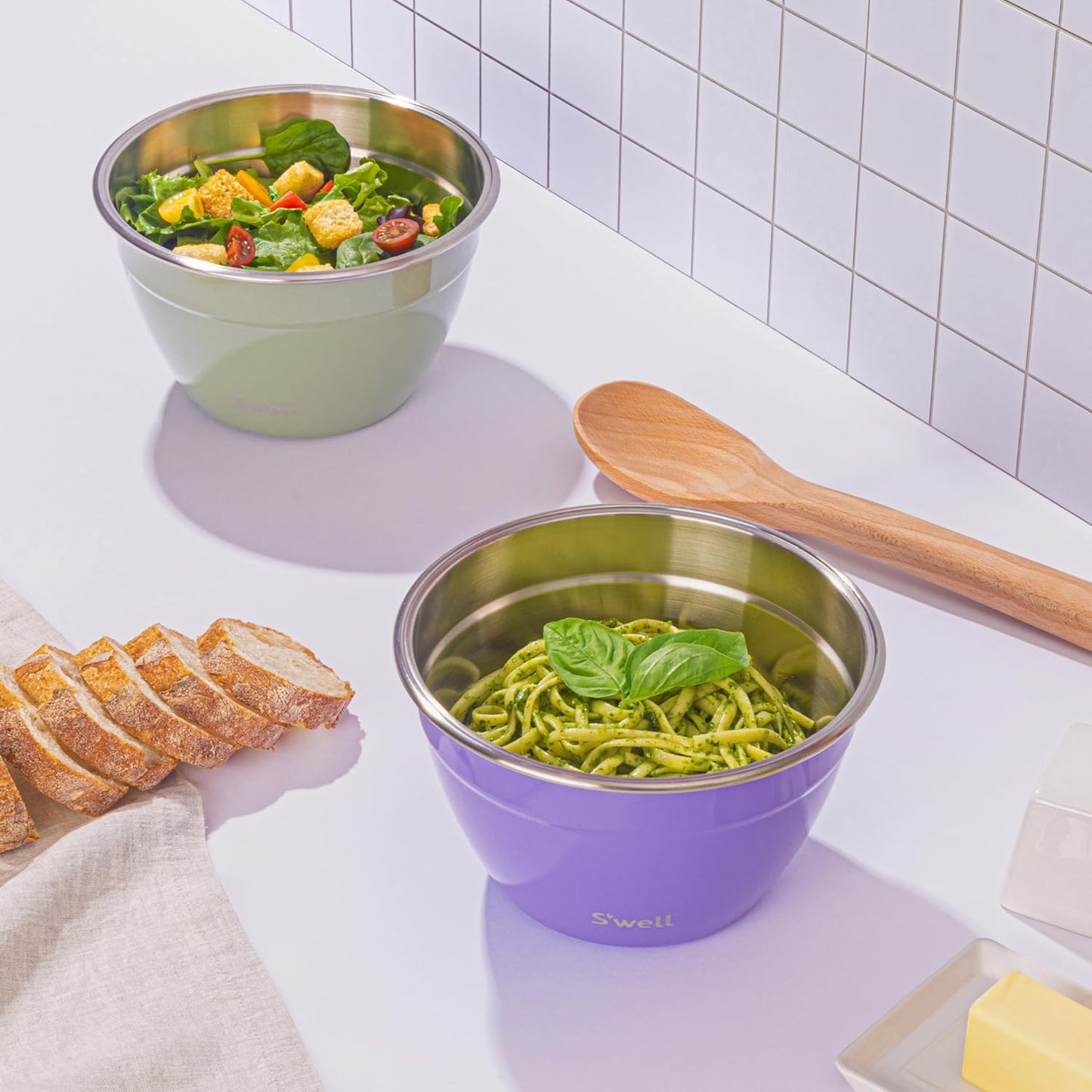 S'well Stainless Steel Salad Bowl Kit 64oz, Mountain Sage, Comes with 2oz Mini Canister and Removable Tray for Organization, Leakproof, Easy to Clean, Dishwasher Safe