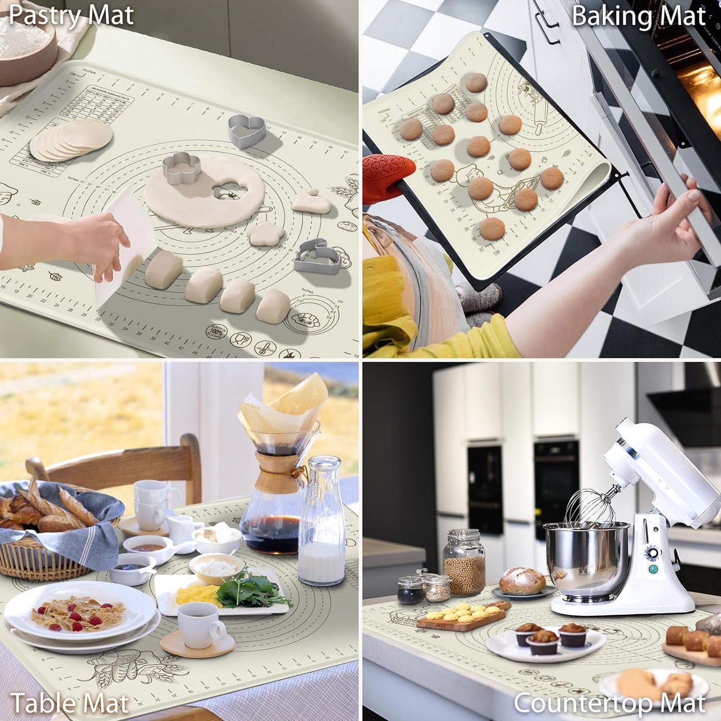 Silicone Baking Mat 24" x 16", Extra Thick Silicone Pastry Mat with Measurements and Edge Heightening, Non-stick Food Grade Dough Rolling Matfor for Pastry, Bread, Cookies, Pizza, Fondant, Pasta