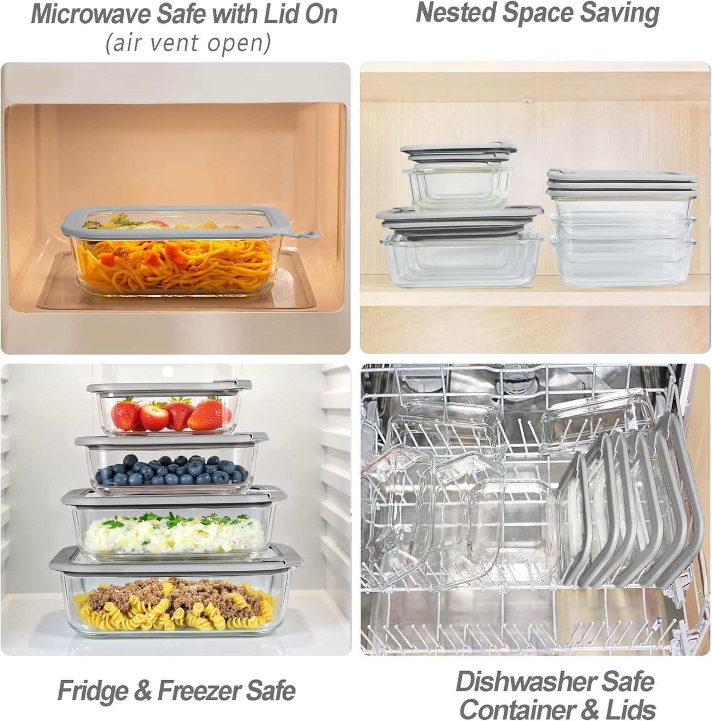 Glass Food Containers with Glass Lid, Microwave Safe Food Storage Container Set, 4 Pack, Airtight Storage Set with Leak Proof Lids, Meal Prep Containers