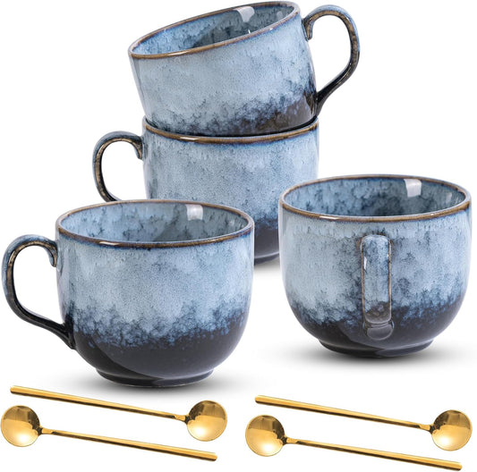 Coffee Mug Set of 4 - Ceramic 15 oz Coffee Cup with Handle, Large Stoneware Cups for Tea Milk Latte Cappuccino, Unique Hand-Painted Mug for Men Women Office Work (Marble Gray)