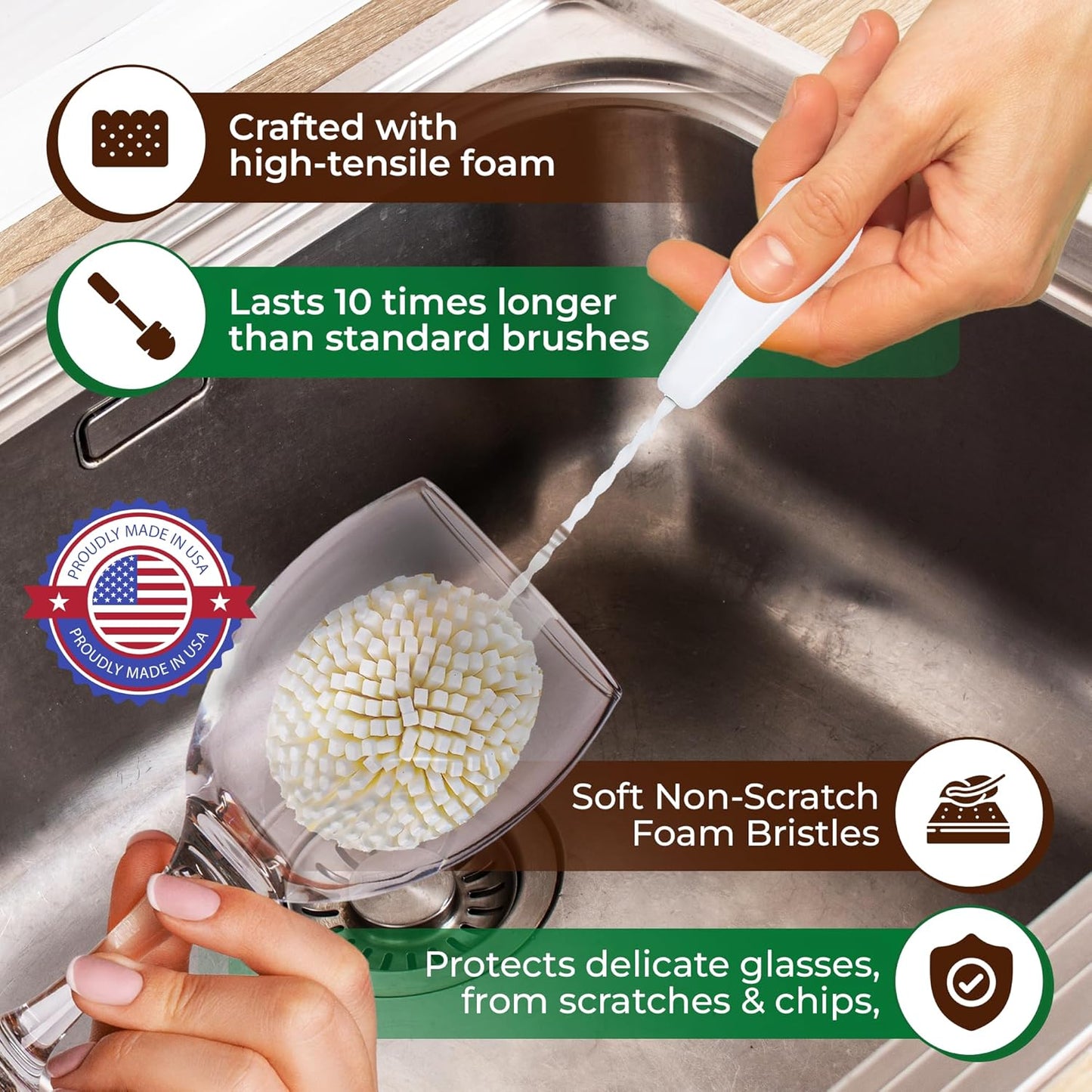 Tupkee Small Glass Cleaning Brush – Soft Non-Scratch Foam Bristles – Glass Cleaner Brush for Brandy, Cognac, Small Goblets, Crystal Glasses & Mugs – Fits Tupkee 14oz & 8oz Glass Tumbler – Made in USA