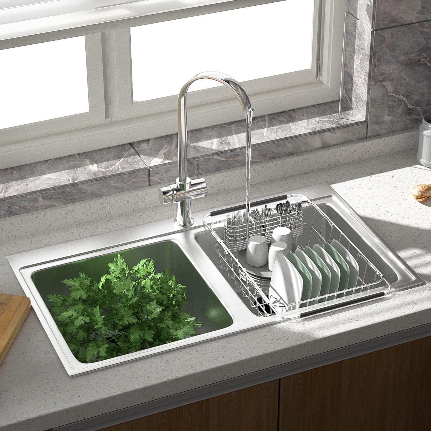 JAQ Dish Drainer in Sink Adjustable 14.96" to 20.59", Expandable 304 Stainless Steel Metal Dish Drying Rack Organizer with Stainless Steel Utensil Holder Over Inside Sink Counter